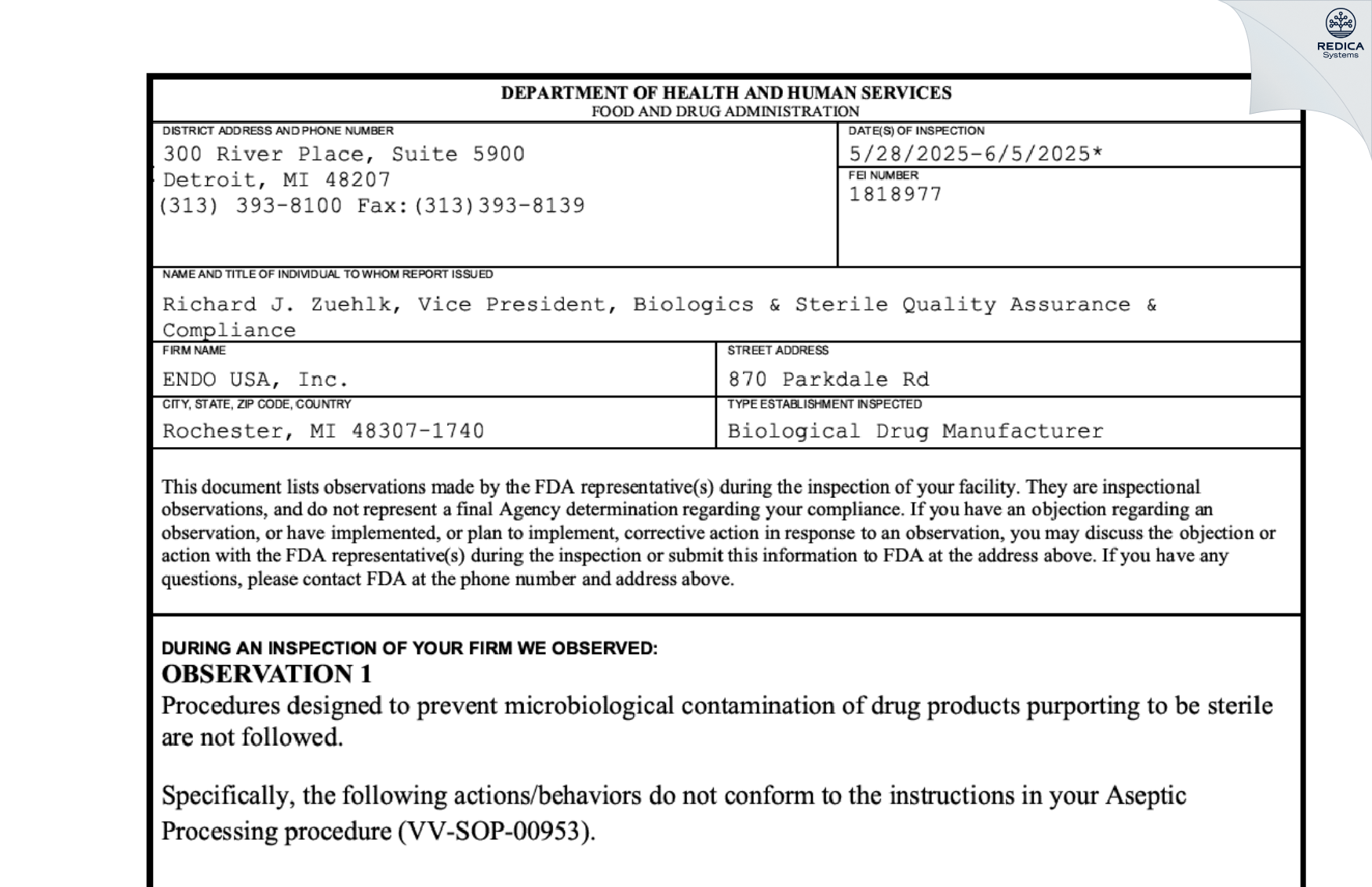 FDA 483 - ENDO USA, Inc. [Rochester / United States of America] - Download PDF - Redica Systems