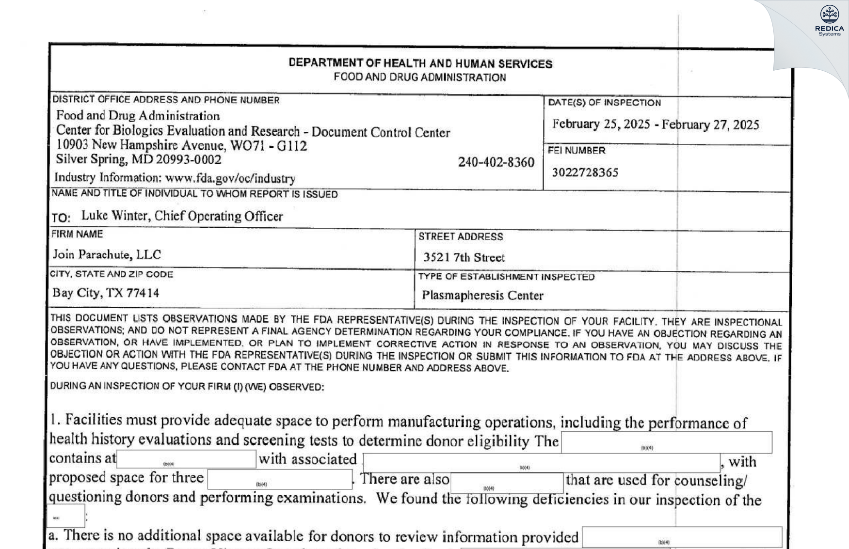 FDA 483 - Join Parachute 2 LLC [Bay City / United States of America] - Download PDF - Redica Systems