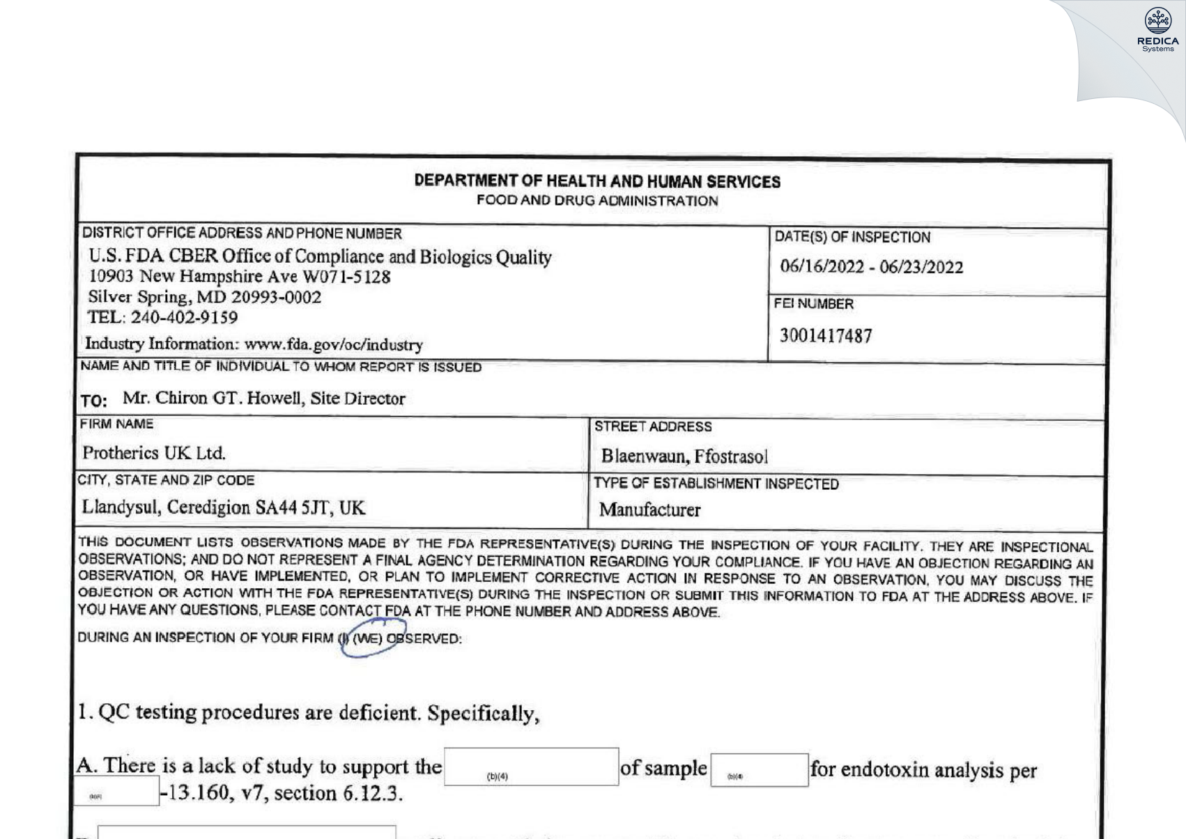 FDA 483 - Protherics UK Limited [Ceredigion / United Kingdom of Great Britain and Northern Ireland] - Download PDF - Redica Systems