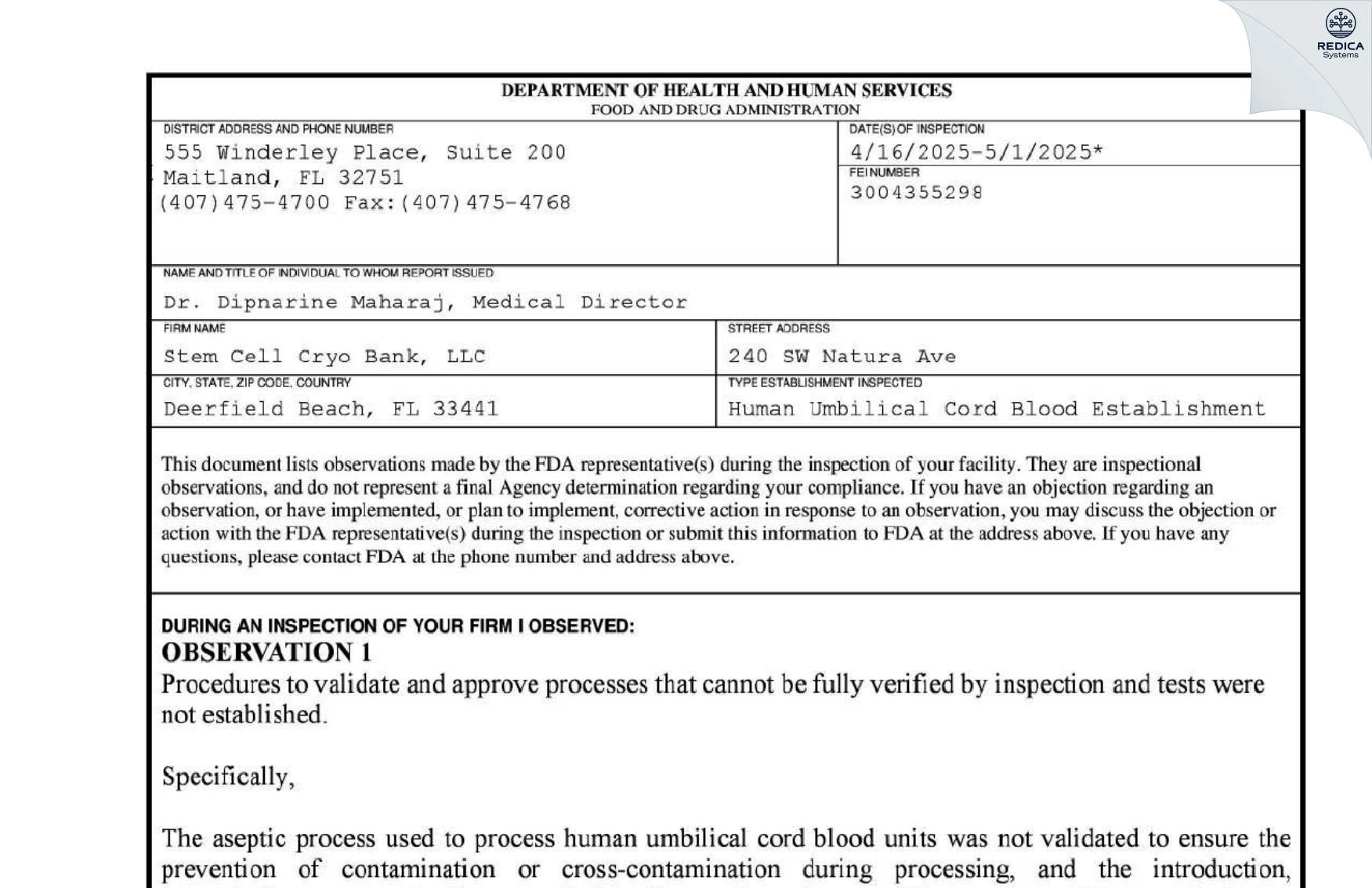 FDA 483 - Stem Cell Cryo Bank, LLC / SFBMSCTI [Boynton Beach / United States of America] - Download PDF - Redica Systems