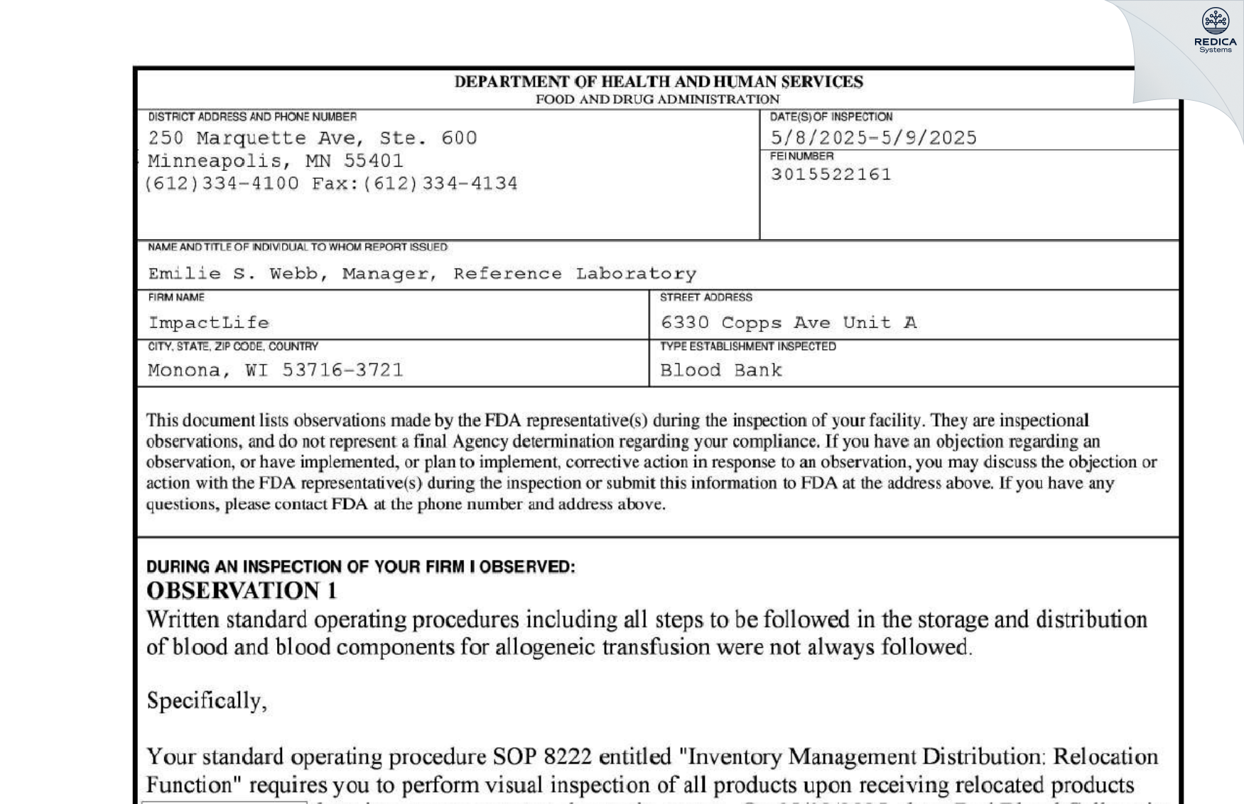 FDA 483 - ImpactLife [Monona / United States of America] - Download PDF - Redica Systems