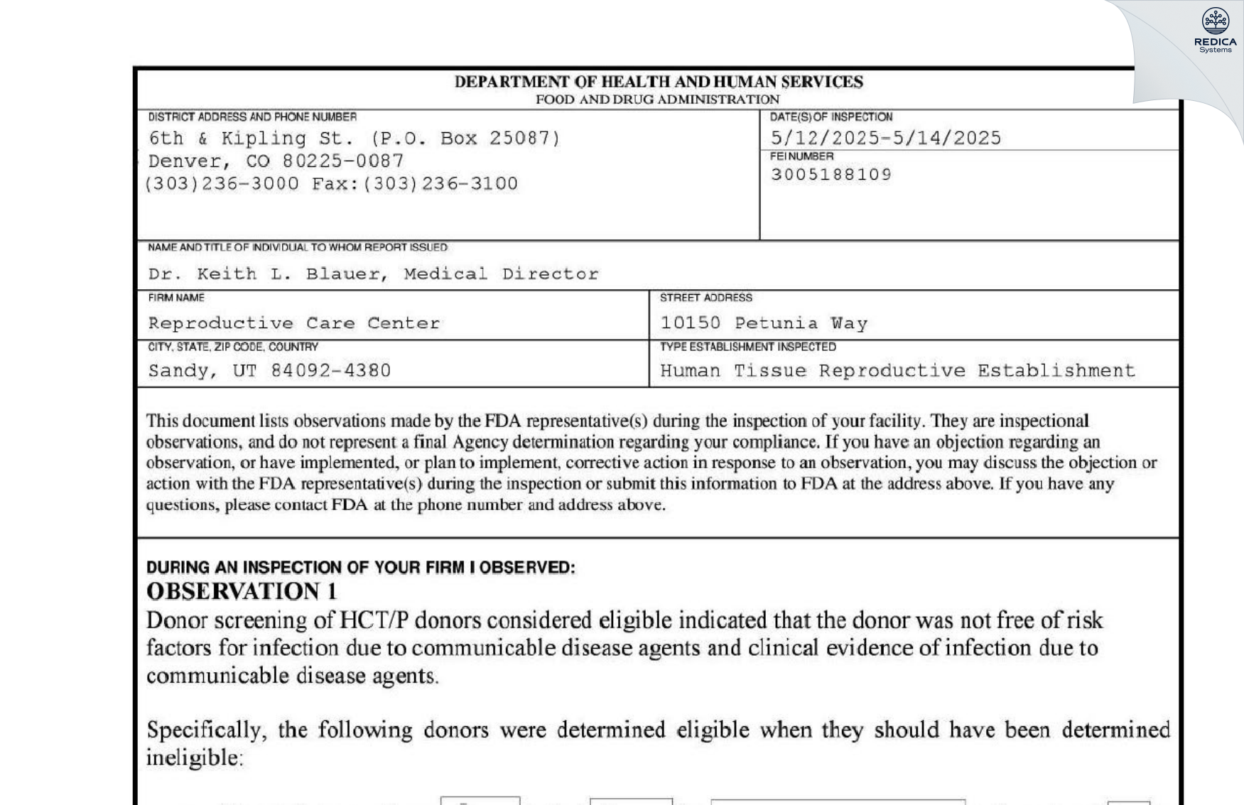 FDA 483 - Reproductive Care Center [Sandy / United States of America] - Download PDF - Redica Systems