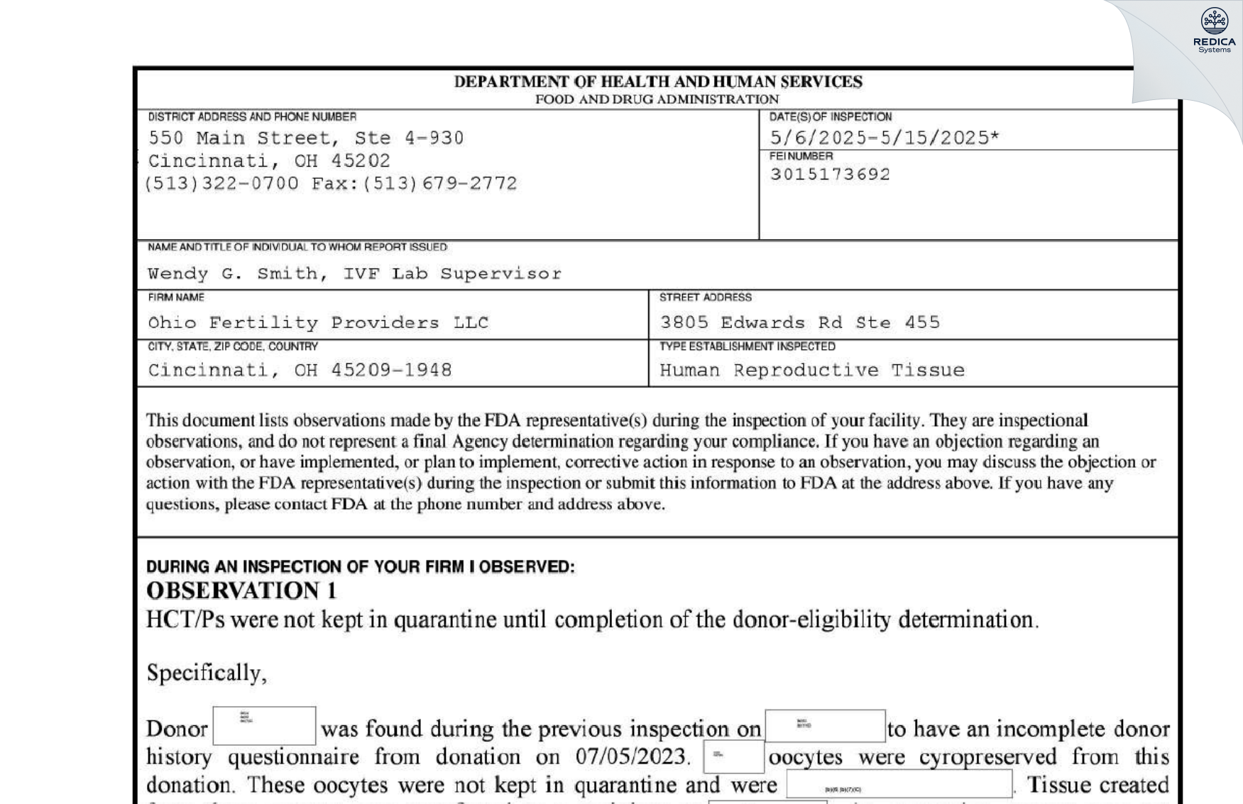 FDA 483 - Ohio Fertility Providers LLC [Cincinnati / United States of America] - Download PDF - Redica Systems