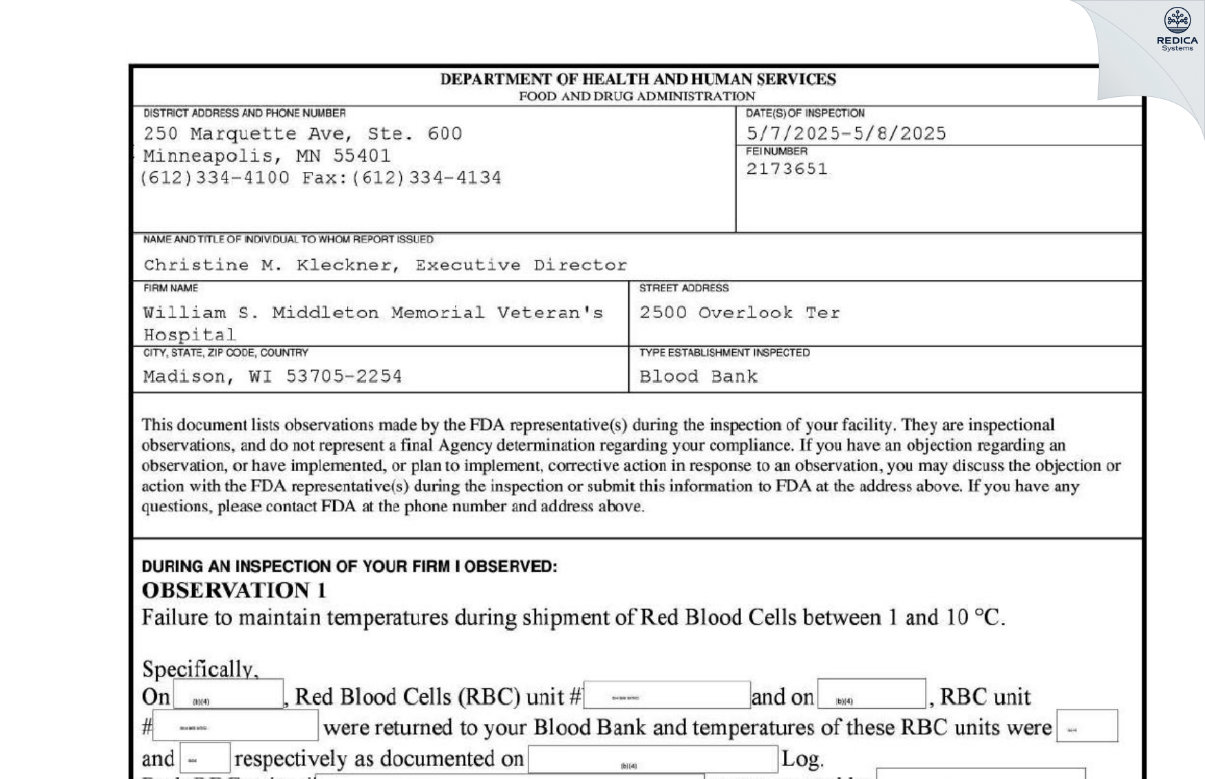 FDA 483 - William S. Middleton Memorial Veteran's Hospital [Madison / United States of America] - Download PDF - Redica Systems