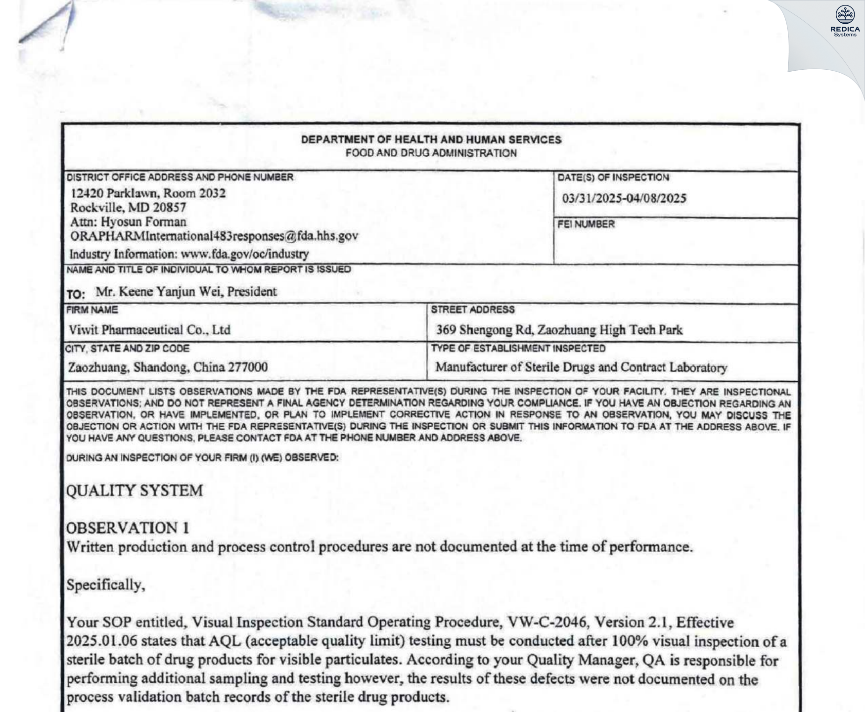 FDA 483 - Viwit Pharmaceutical Co., Ltd. [Zaozhuang / China] - Download PDF - Redica Systems