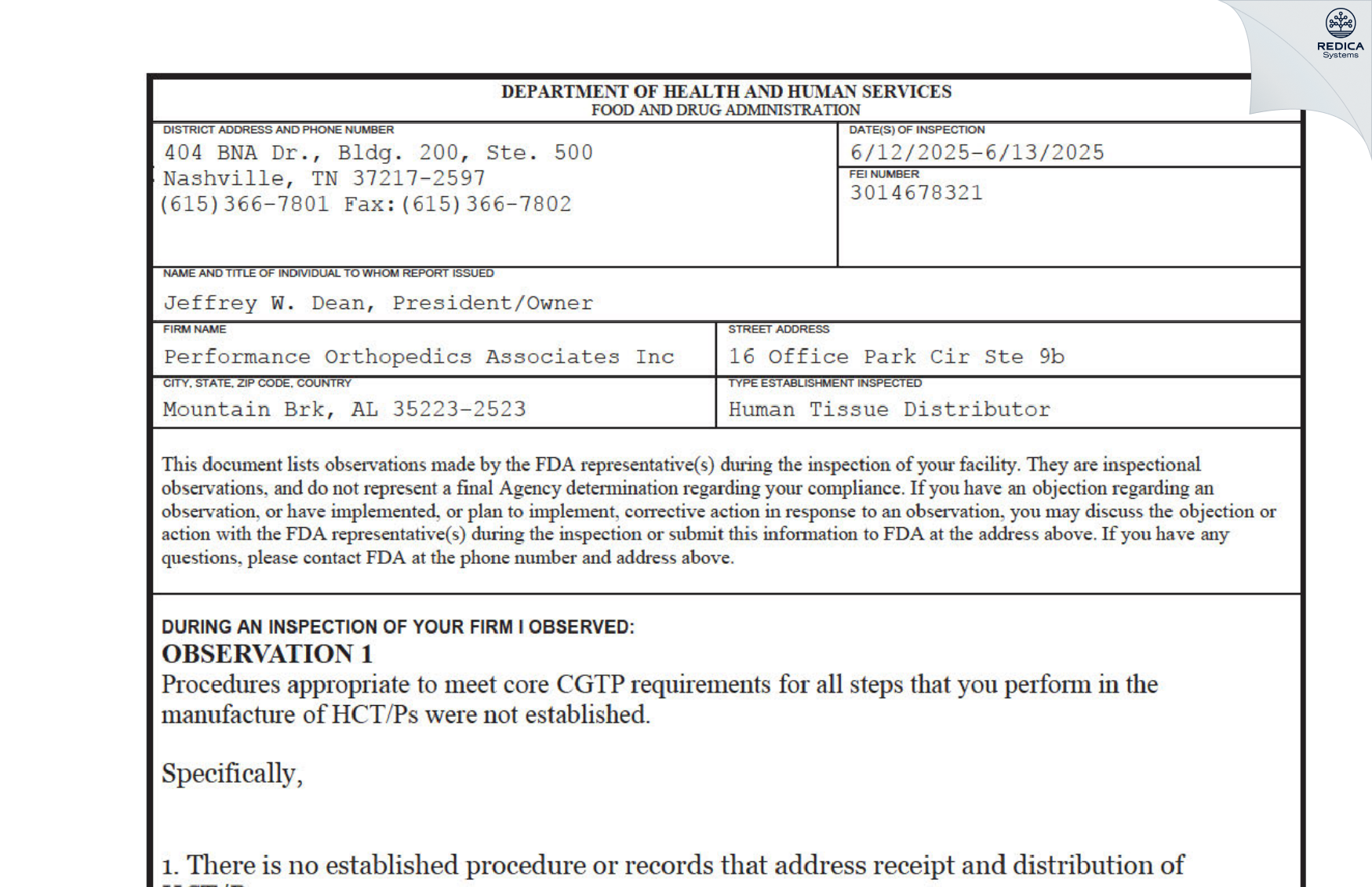 FDA 483 - Performance Orthopedics Associates Inc [Birmingham / United States of America] - Download PDF - Redica Systems
