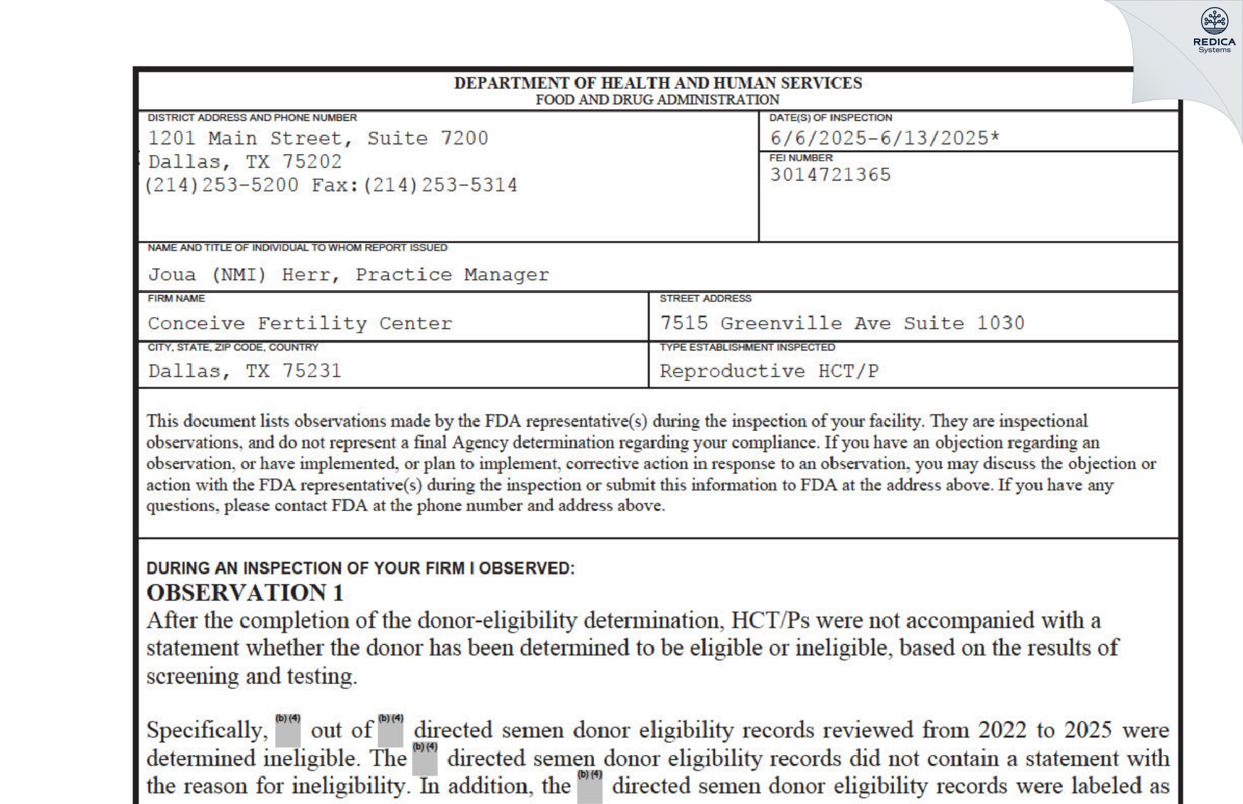 FDA 483 - Conceive Fertility Center [Irving / United States of America] - Download PDF - Redica Systems