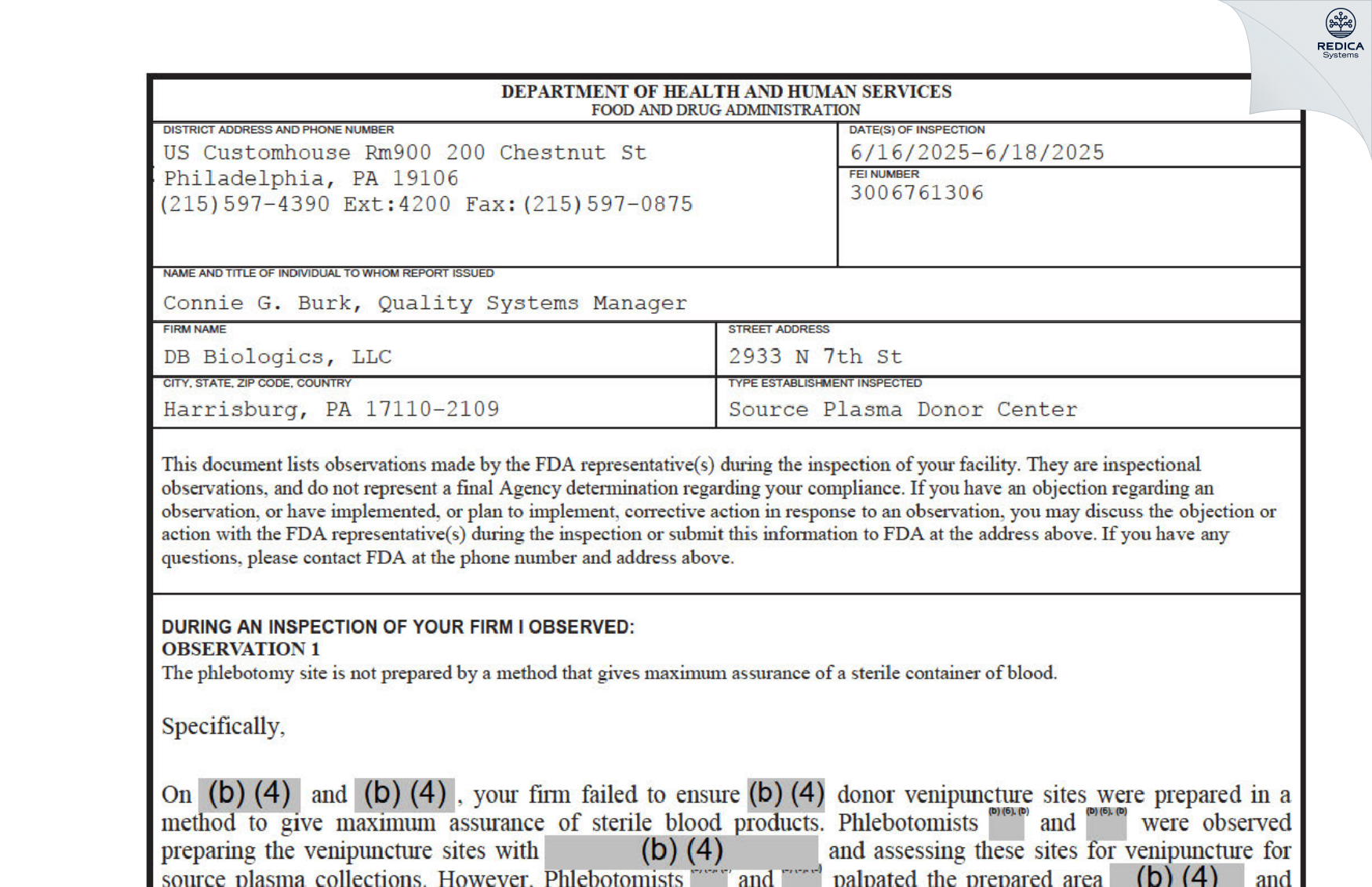 FDA 483 - Biomat USA, Inc. [Harrisburg / United States of America] - Download PDF - Redica Systems