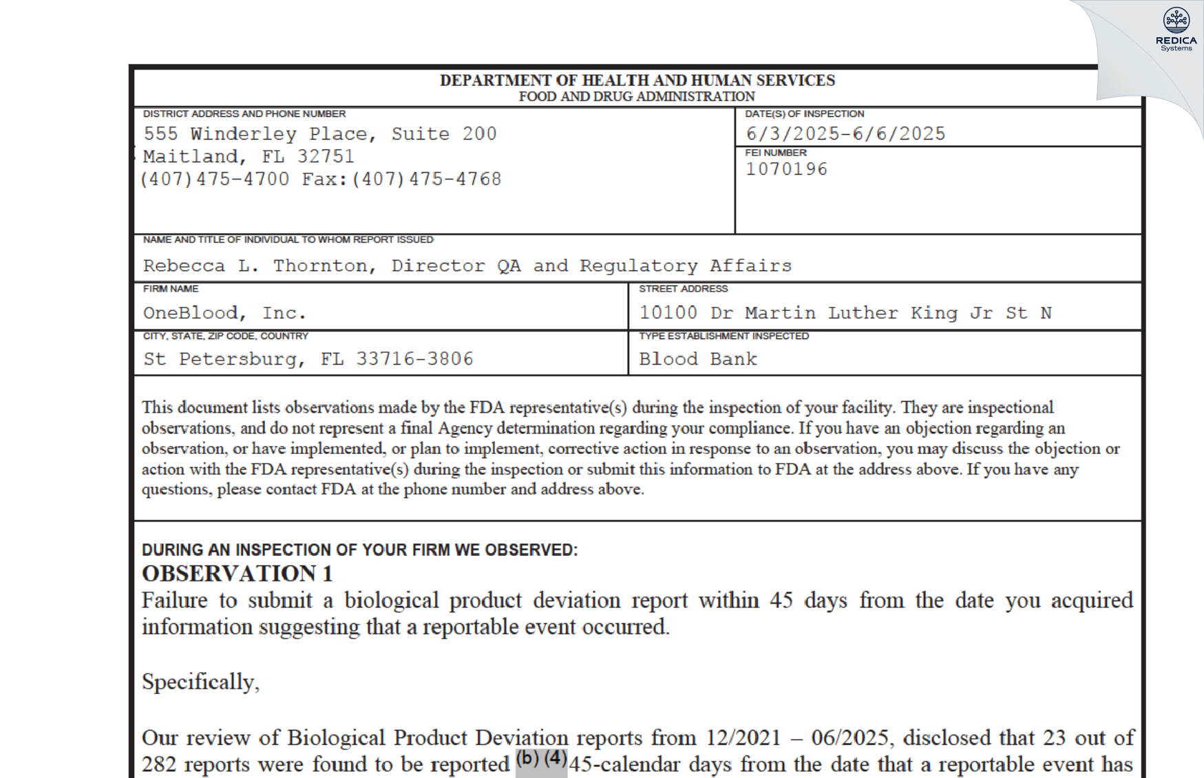 FDA 483 - OneBlood, Inc. [Saint Petersburg / United States of America] - Download PDF - Redica Systems