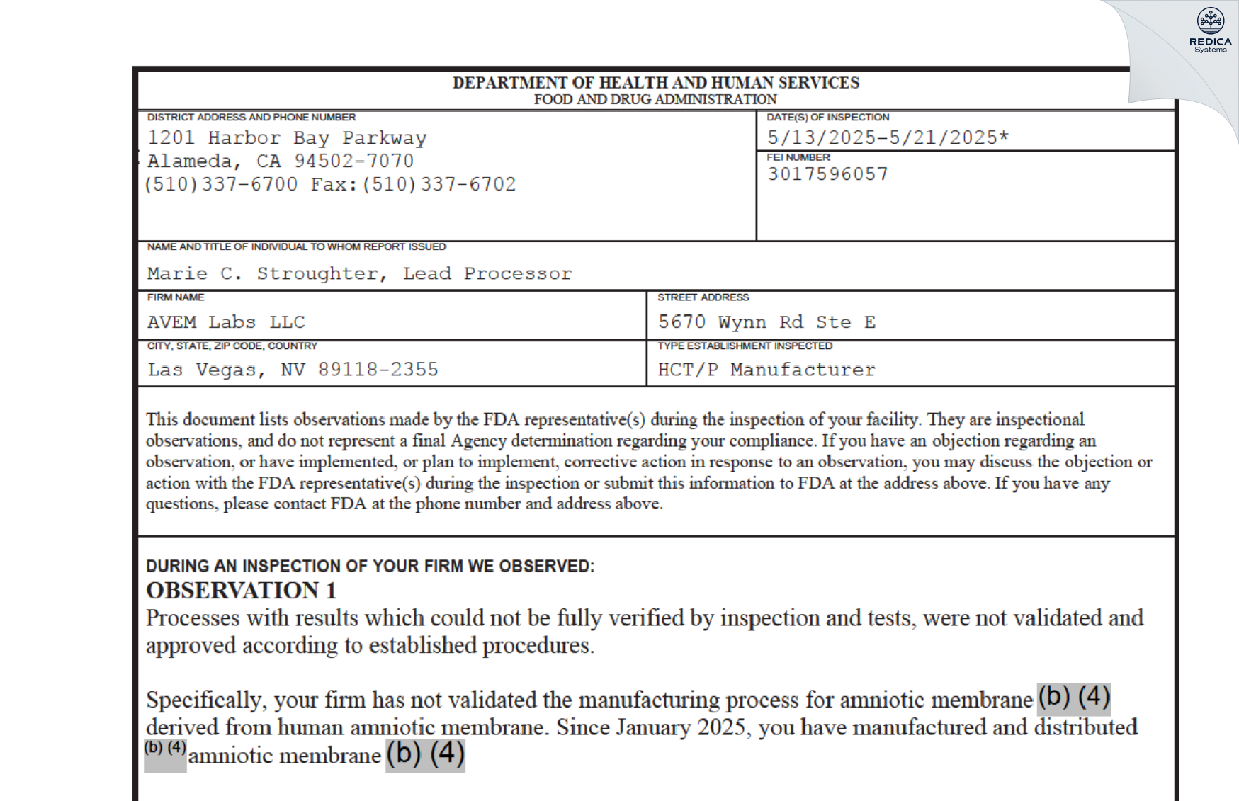 FDA 483 - AVEM Labs LLC [Las Vegas / United States of America] - Download PDF - Redica Systems