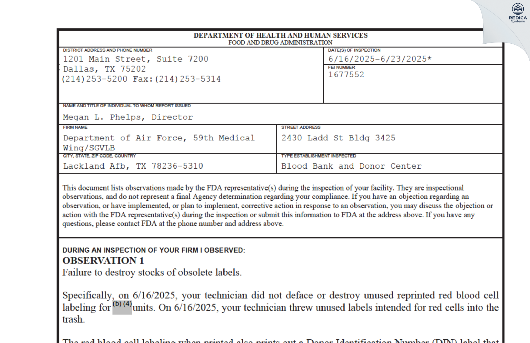 FDA 483 - Department of Air Force, 59th Medical Wing/SGVLB [Jbsa Lackland / United States of America] - Download PDF - Redica Systems
