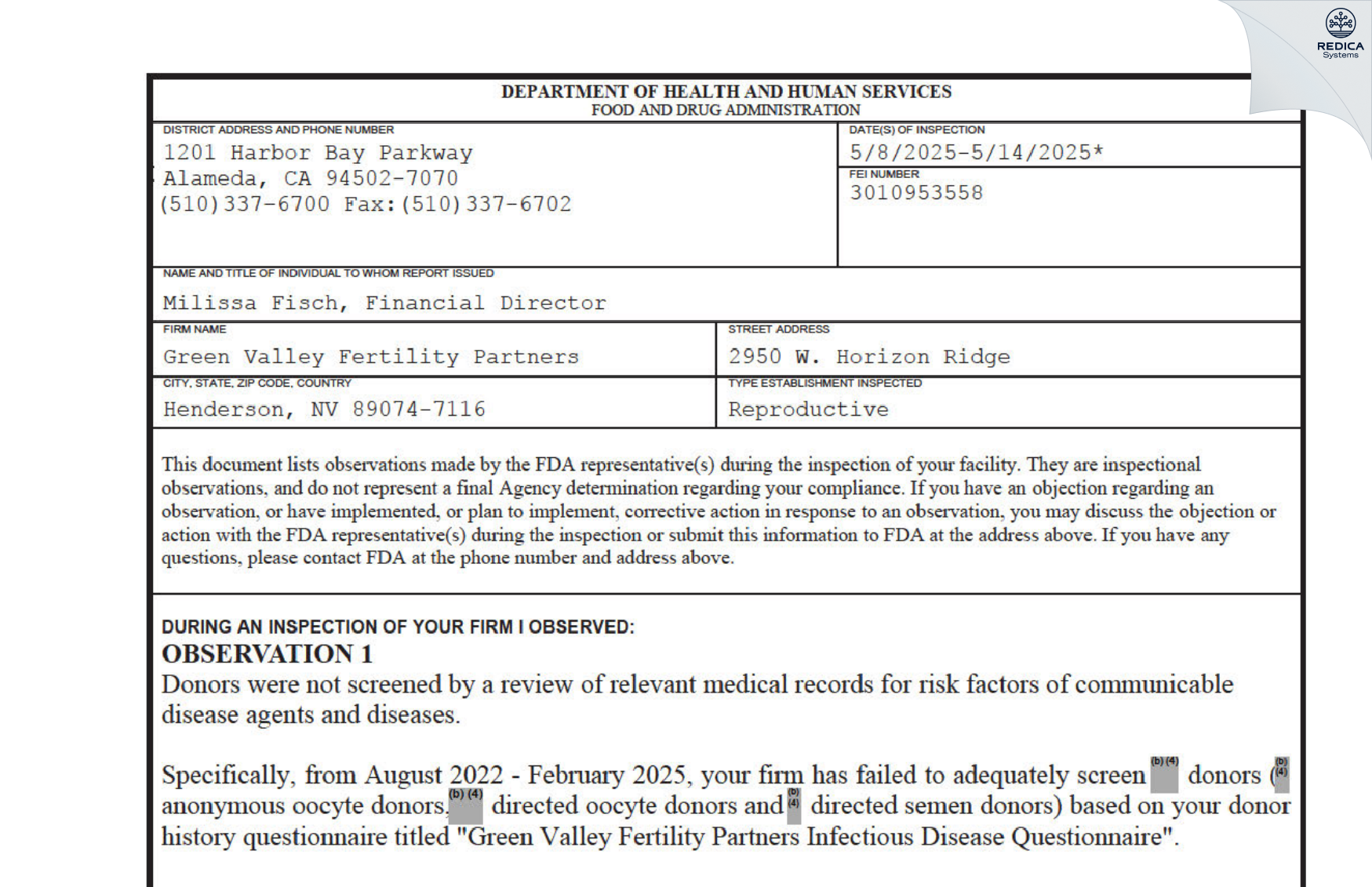 FDA 483 - Fisch LTD d.b.a Green Valley Fertility Partners [Henderson / United States of America] - Download PDF - Redica Systems