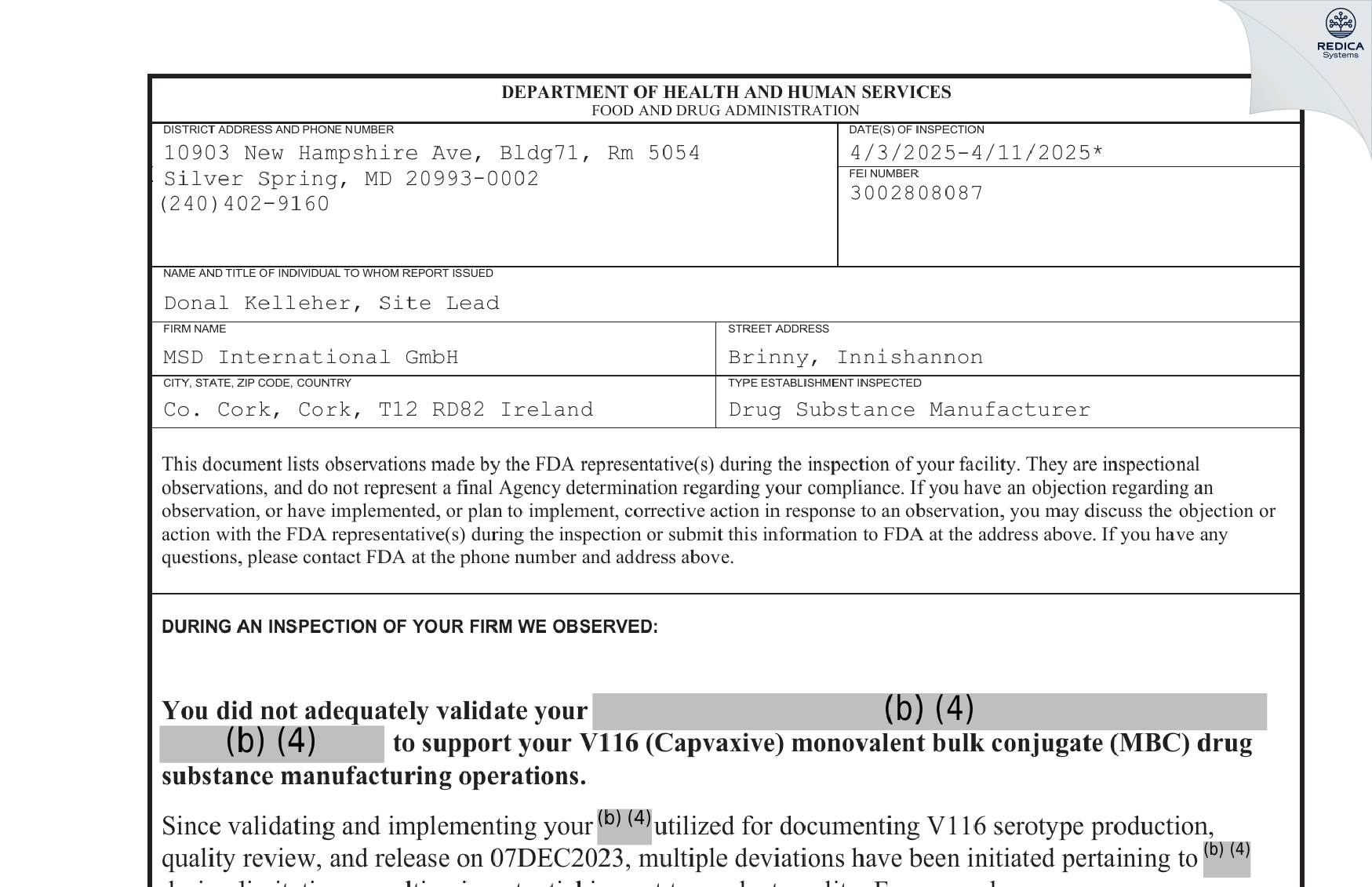 FDA 483 - MSD International GmbH [Cork / Ireland] - Download PDF - Redica Systems