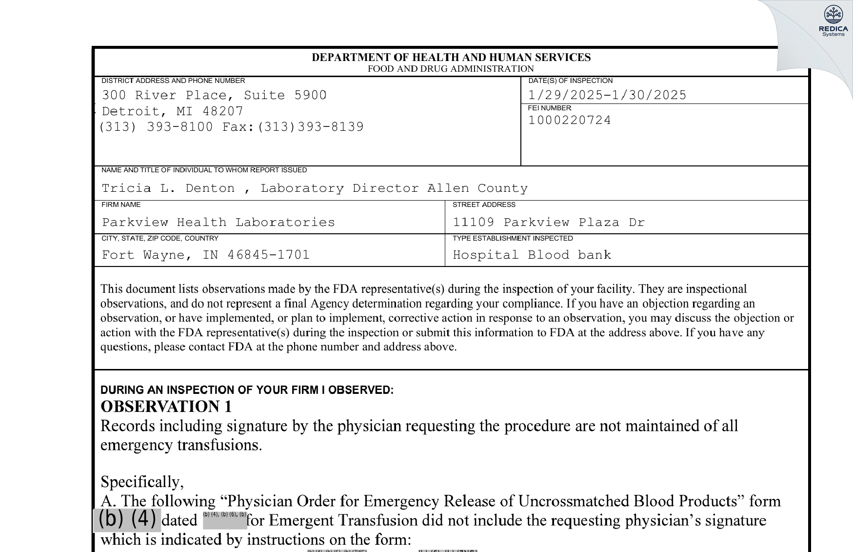 FDA 483 - Parkview Health Laboratories [Fort Wayne / United States of America] - Download PDF - Redica Systems