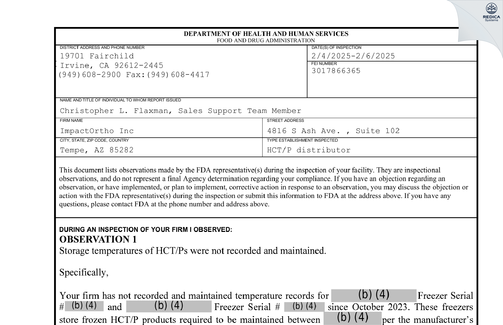 FDA 483 - ImpactOrtho Inc [Phoenix / United States of America] - Download PDF - Redica Systems