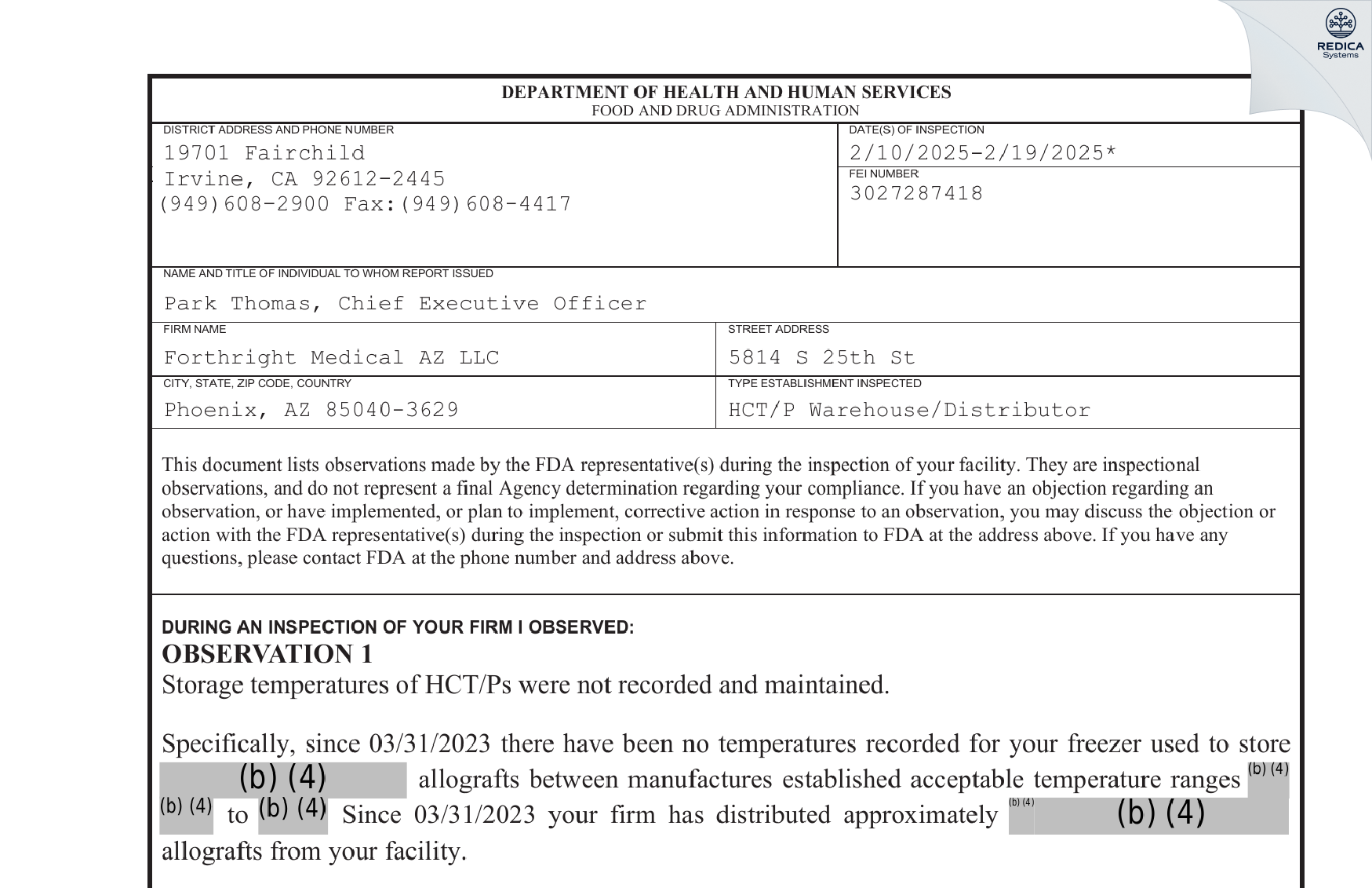 FDA 483 - Forthright Medical AZ LLC [Phoenix / United States of America] - Download PDF - Redica Systems