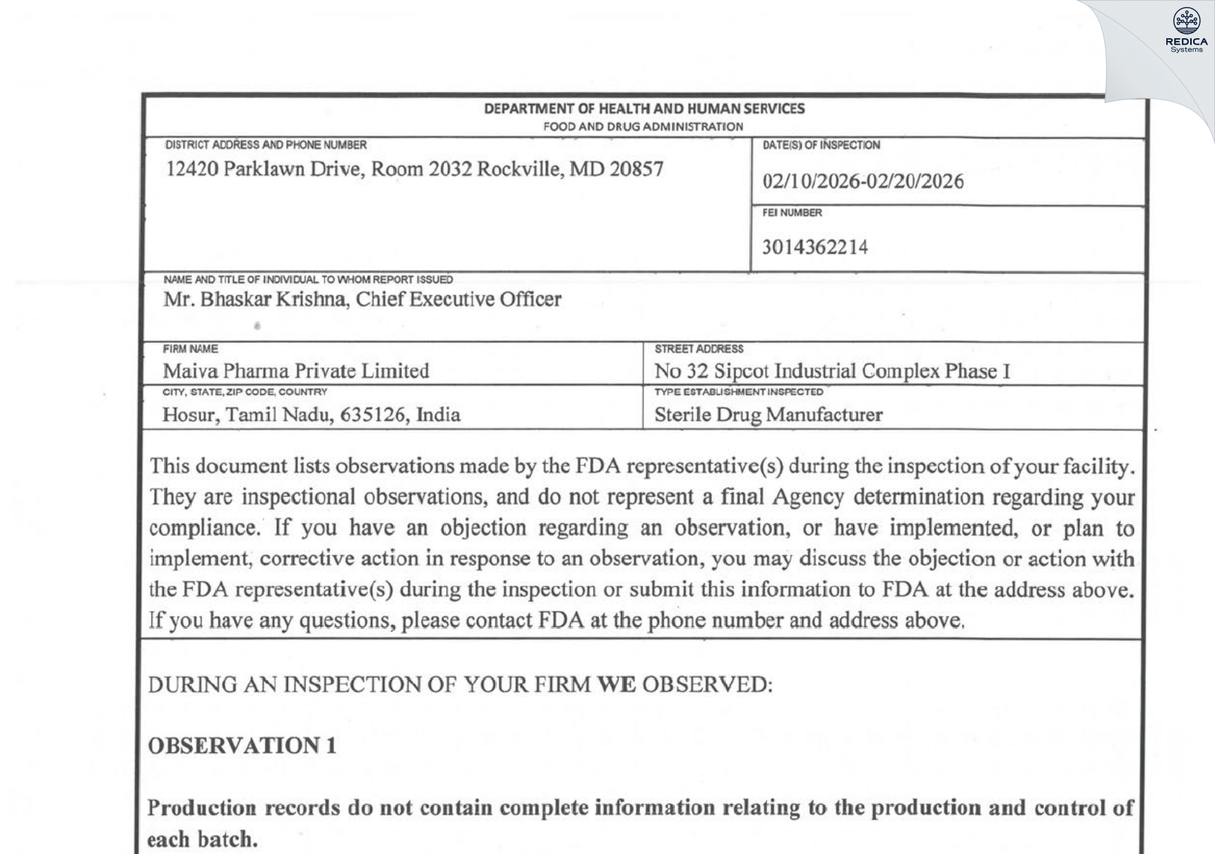 FDA 483 - Maiva Pharma Private Limited [Sriperumbudur / India] - Download PDF - Redica Systems