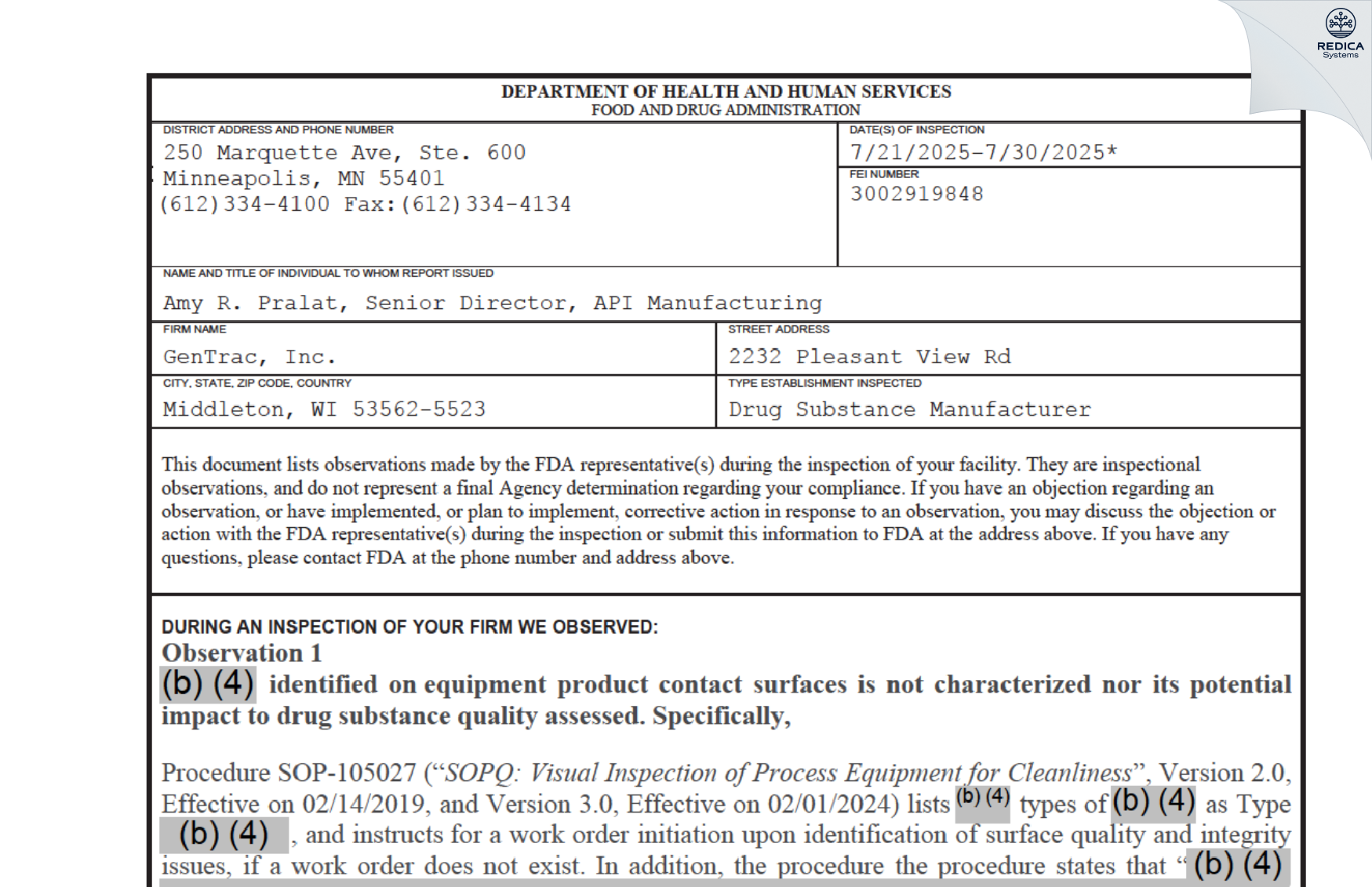 FDA 483 - GenTrac Inc. [Middleton / United States of America] - Download PDF - Redica Systems