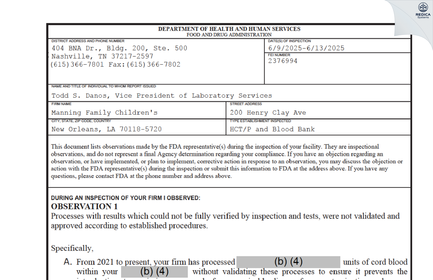 FDA 483 - Children's Hospital [New Orleans / United States of America] - Download PDF - Redica Systems