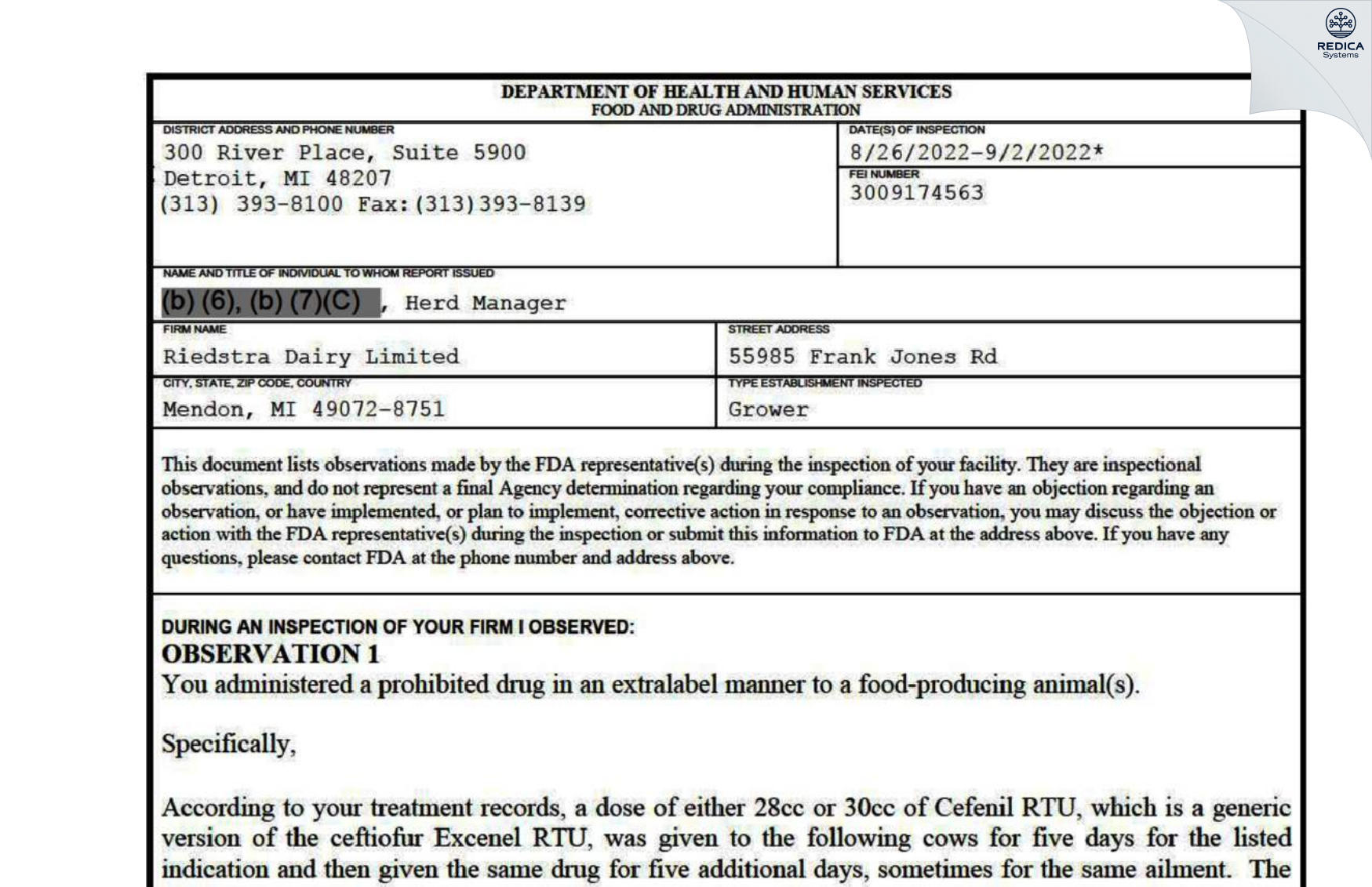 FDA 483 - Riedstra Dairy Limited [Mendon / United States of America] - Download PDF - Redica Systems