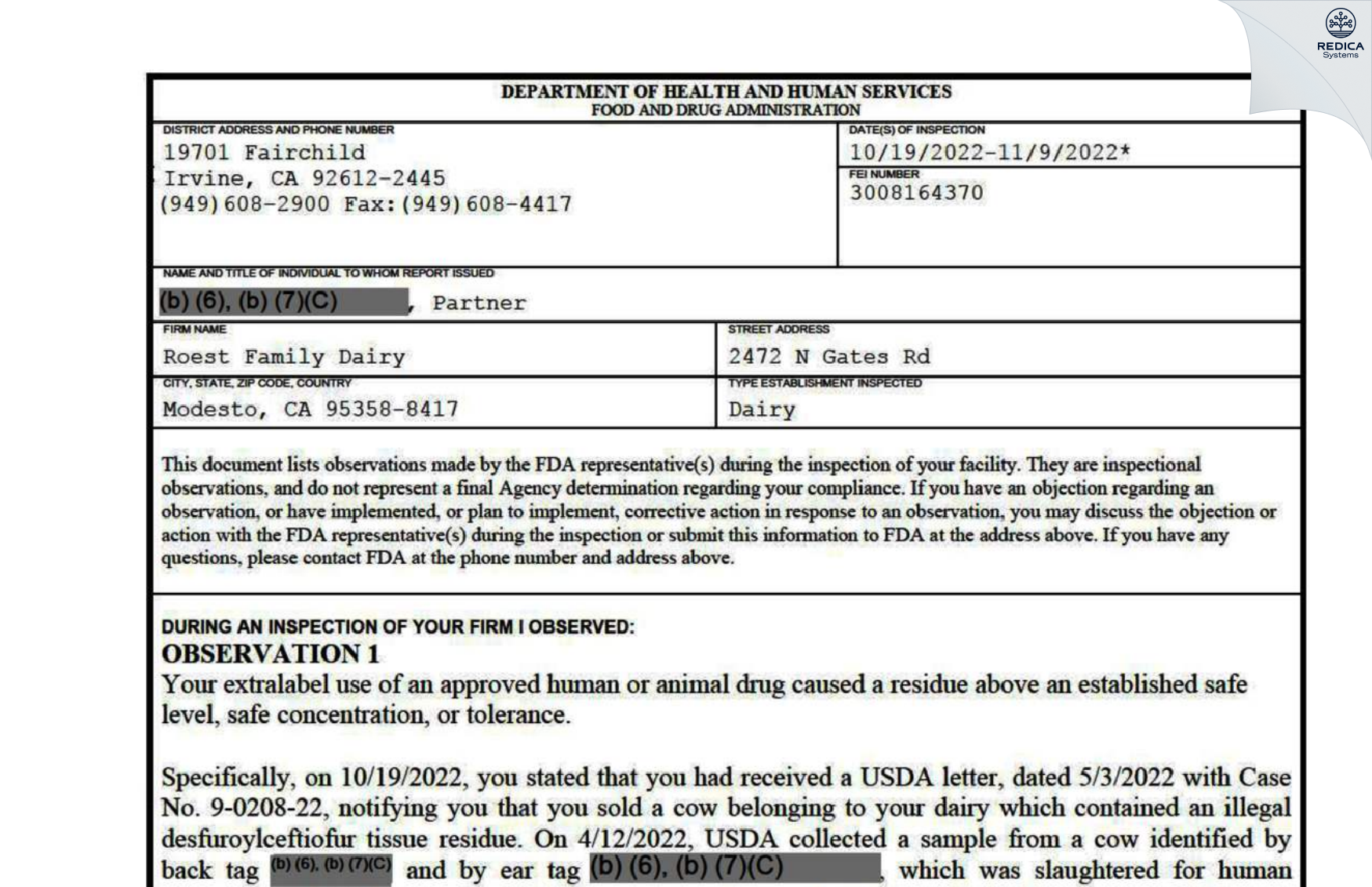 FDA 483 - Roest Family Dairy [Modesto / United States of America] - Download PDF - Redica Systems