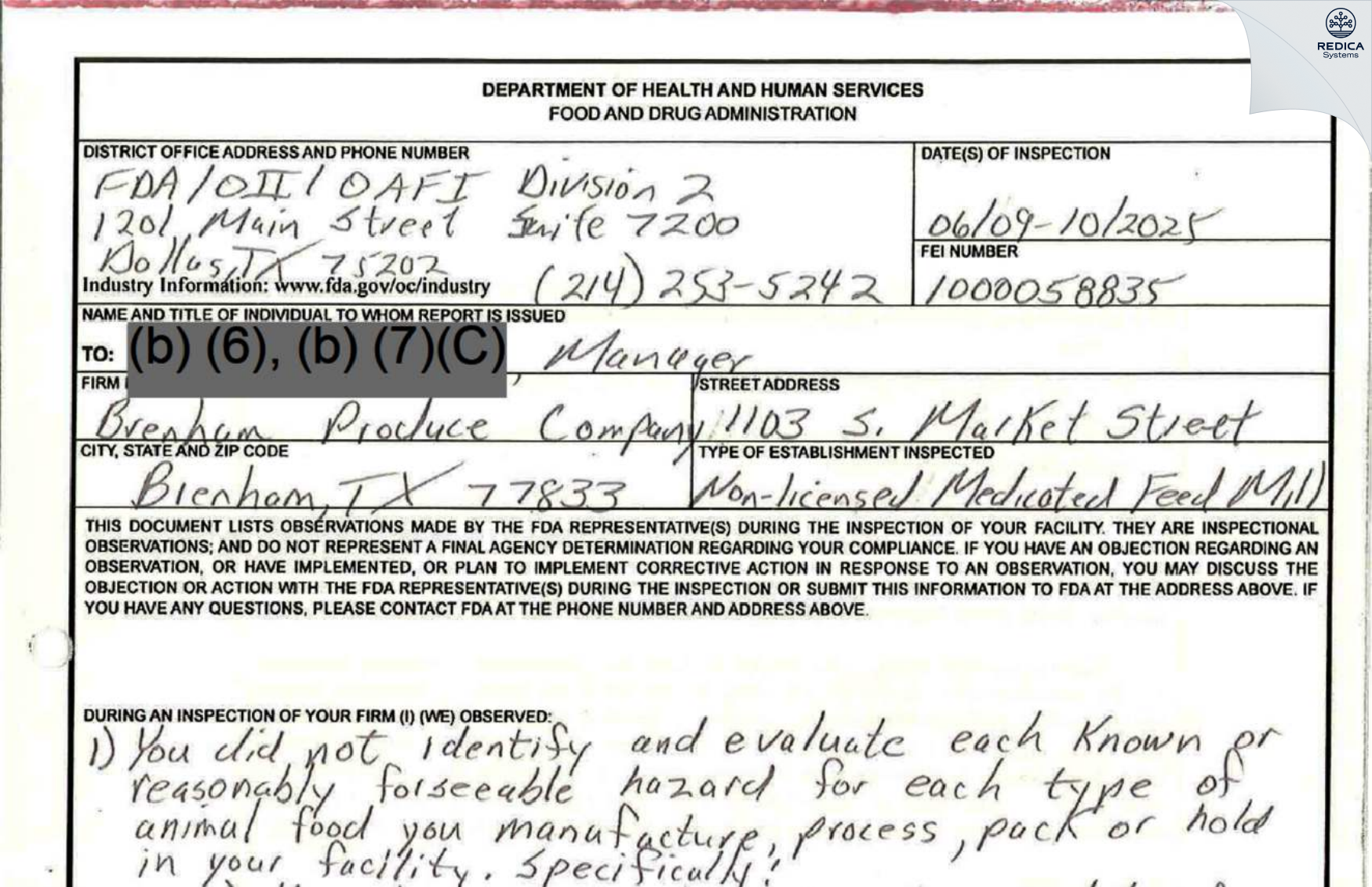 FDA 483 - Brenham Produce Company Inc. [Brenham / United States of America] - Download PDF - Redica Systems