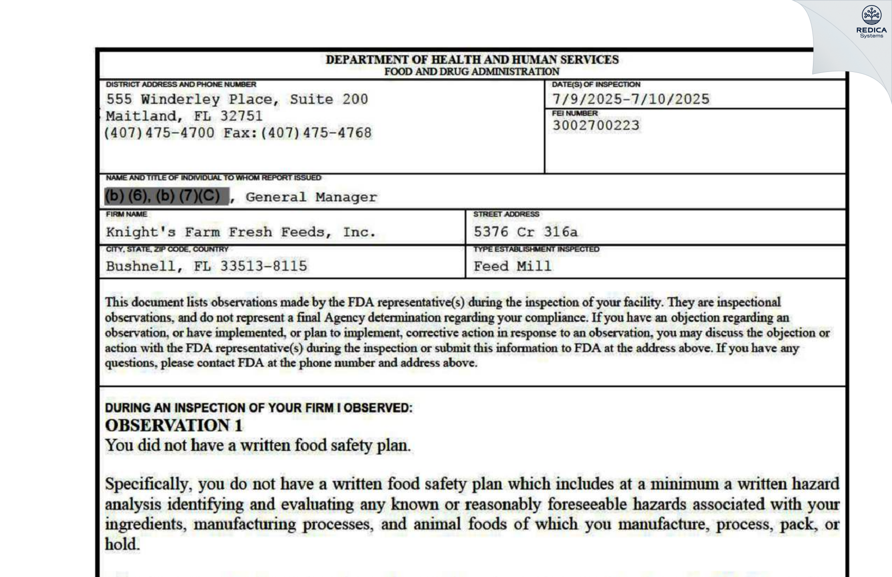 FDA 483 - Knight's Farm Fresh Feeds, Inc. [Bushnell / United States of America] - Download PDF - Redica Systems