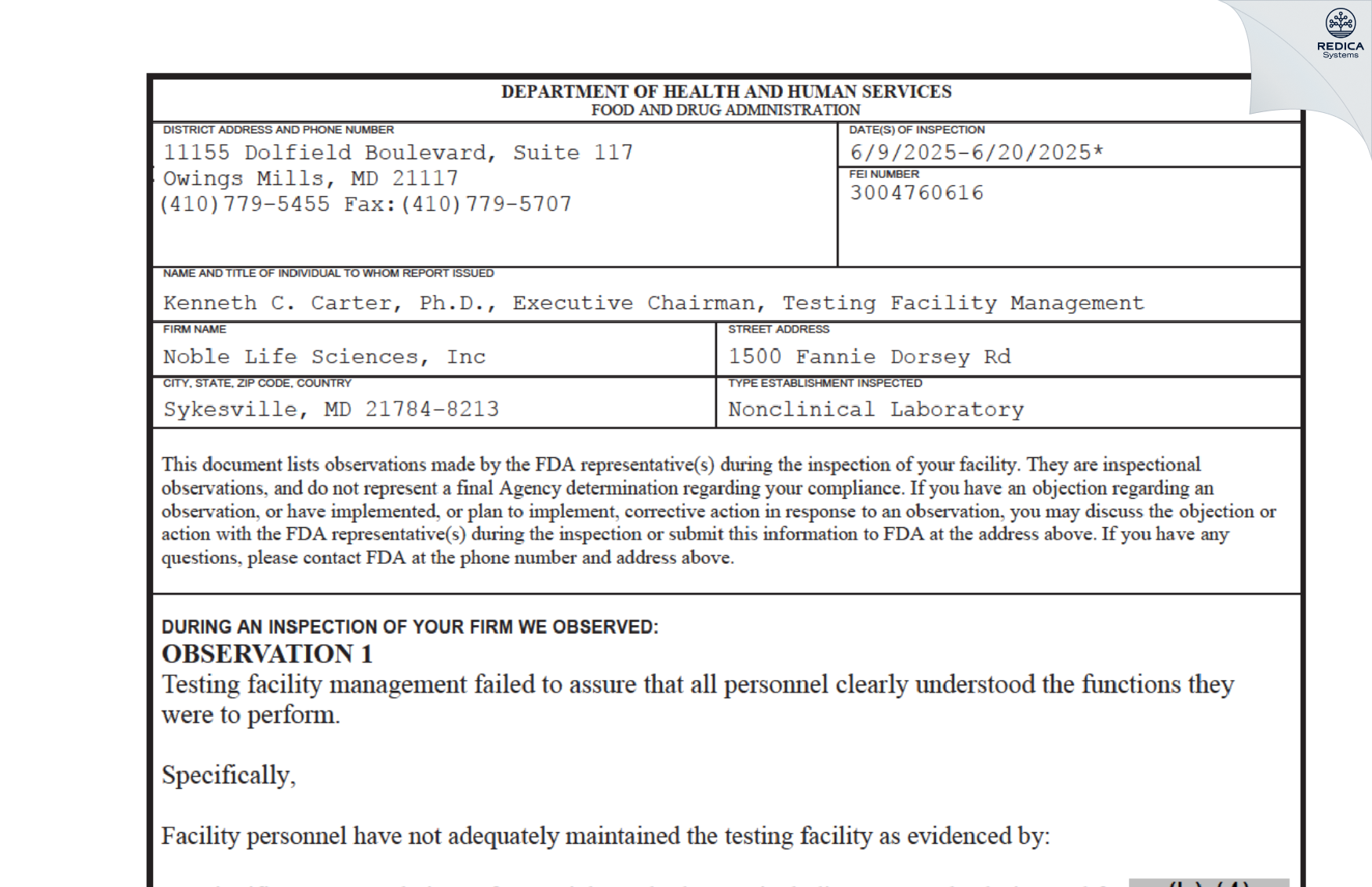 FDA 483 - Noble Life Sciences, Inc [Sykesville / United States of America] - Download PDF - Redica Systems