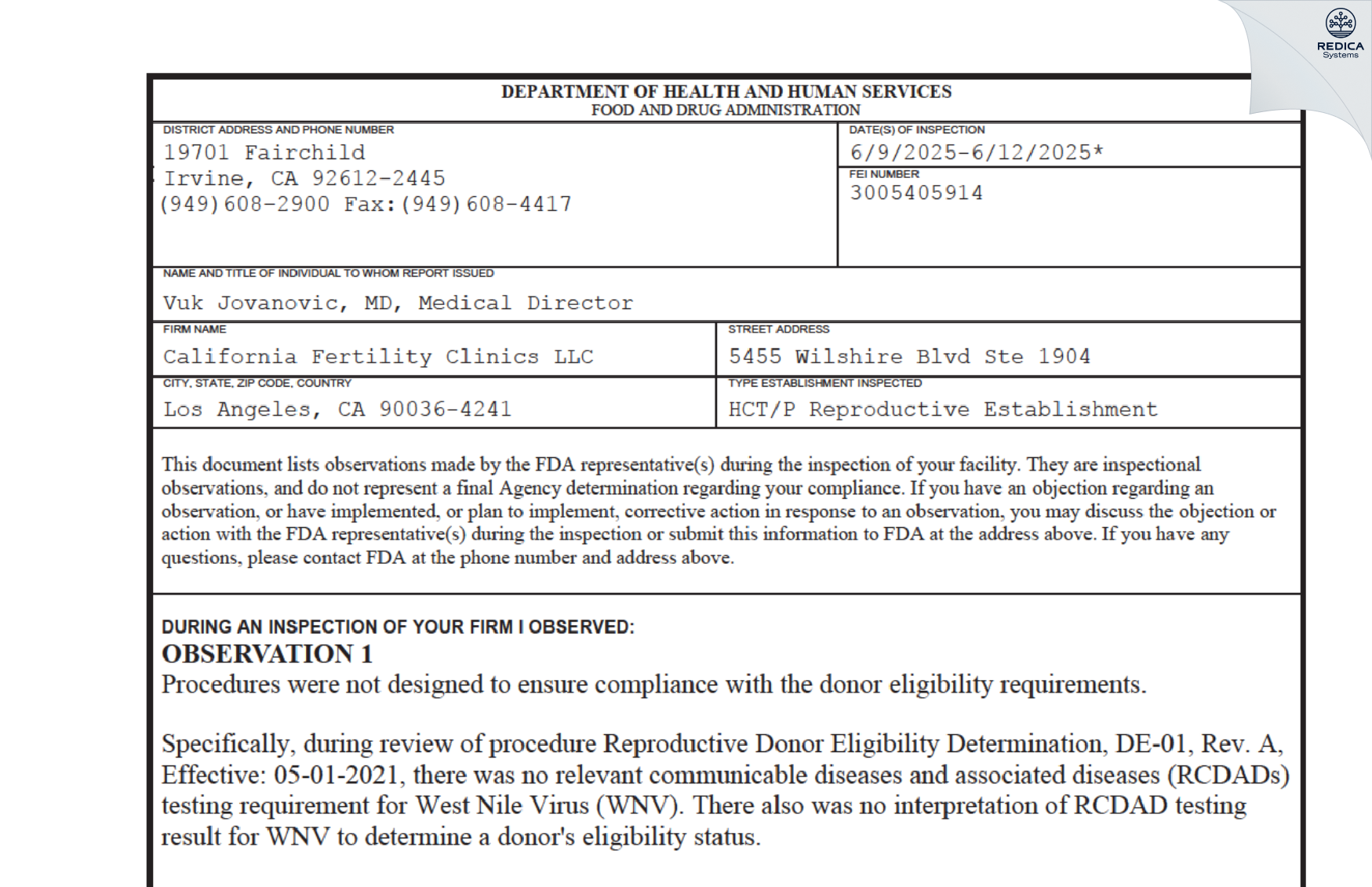FDA 483 - California Fertility Clinics LLC [Los Angeles / United States of America] - Download PDF - Redica Systems