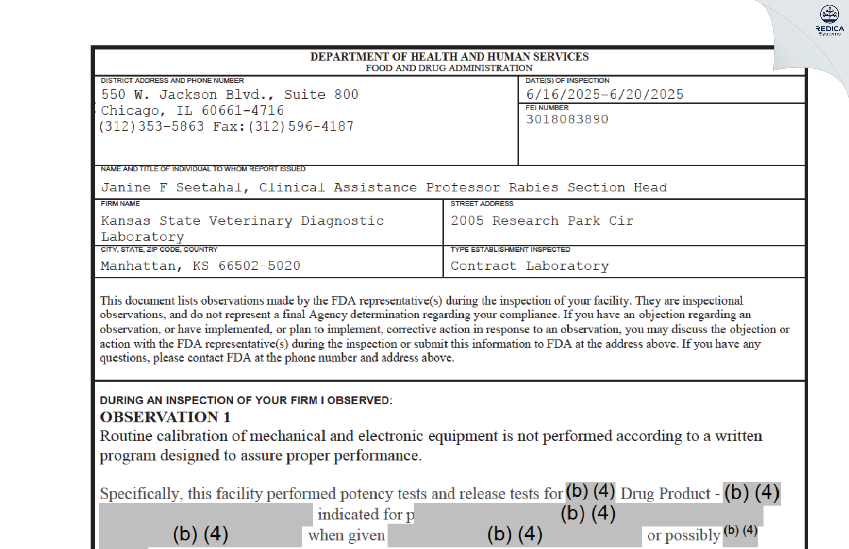 FDA 483 - Kansas State Veterinary Diagnostic Laboratory [Manhattan / United States of America] - Download PDF - Redica Systems
