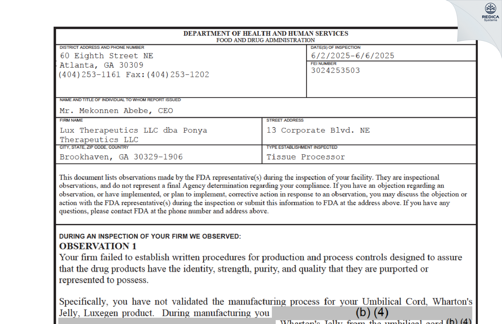 FDA 483 - Lux Therapeutics LLC [Brookhaven / United States of America] - Download PDF - Redica Systems
