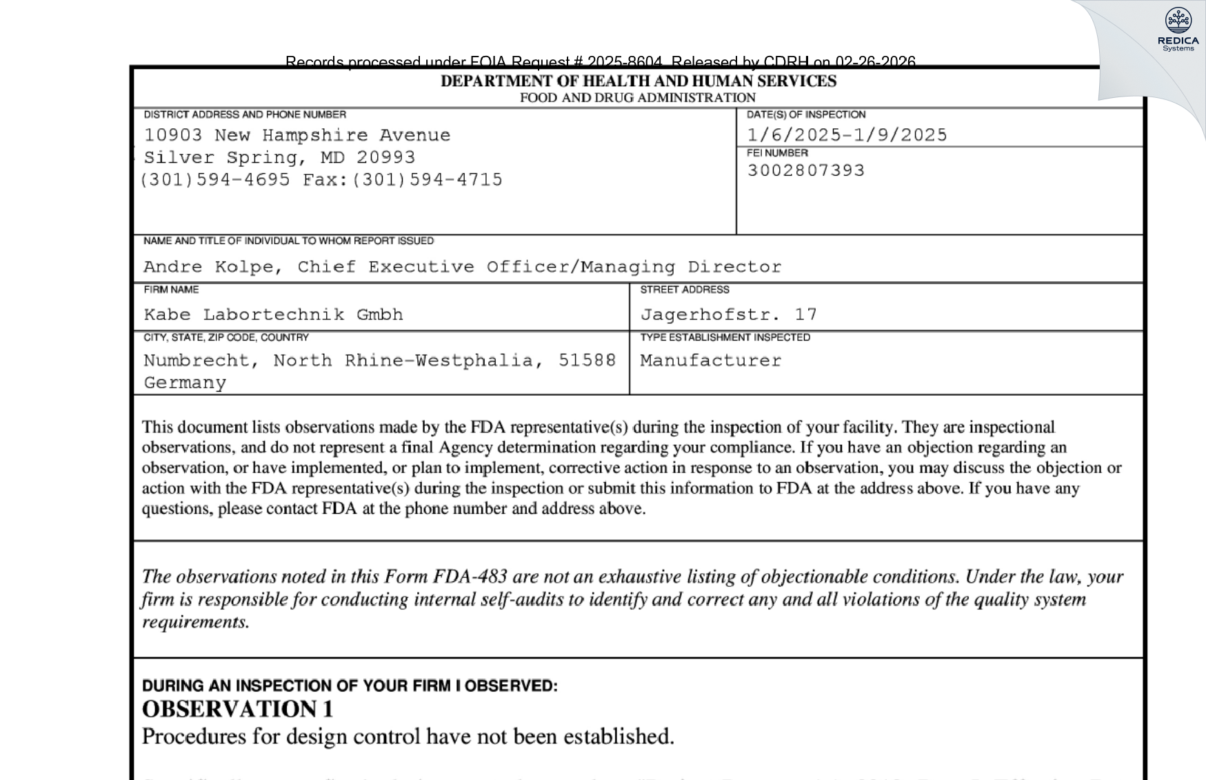 FDA 483 - Kabe Labortechnik Gmbh [Nümbrecht / Germany] - Download PDF - Redica Systems