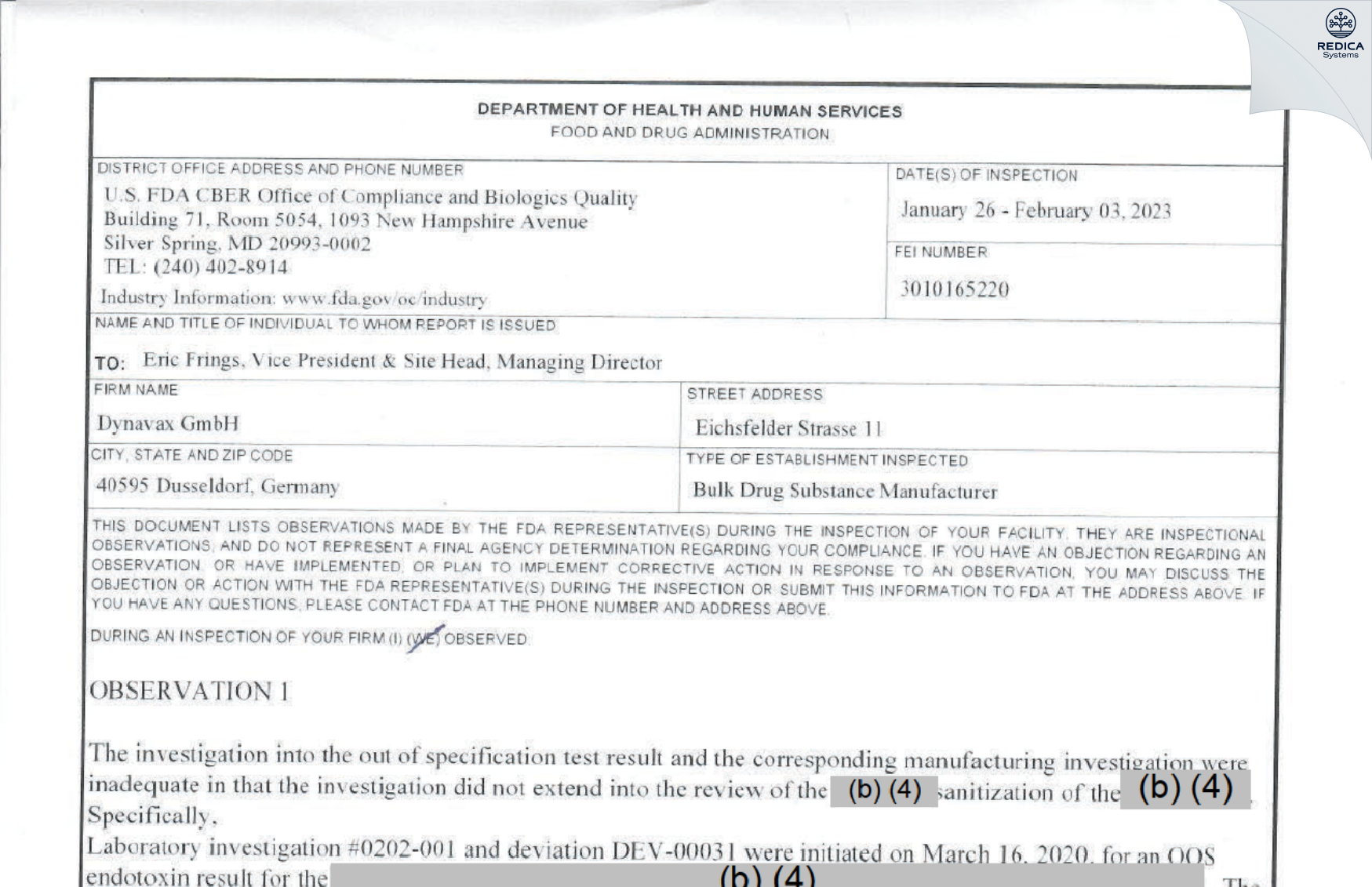 FDA 483 - Dynavax GmbH [Düsseldorf / Germany] - Download PDF - Redica Systems