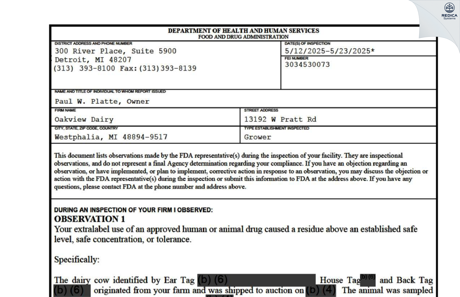 FDA 483 - Oakview Dairy [Westphalia / United States of America] - Download PDF - Redica Systems