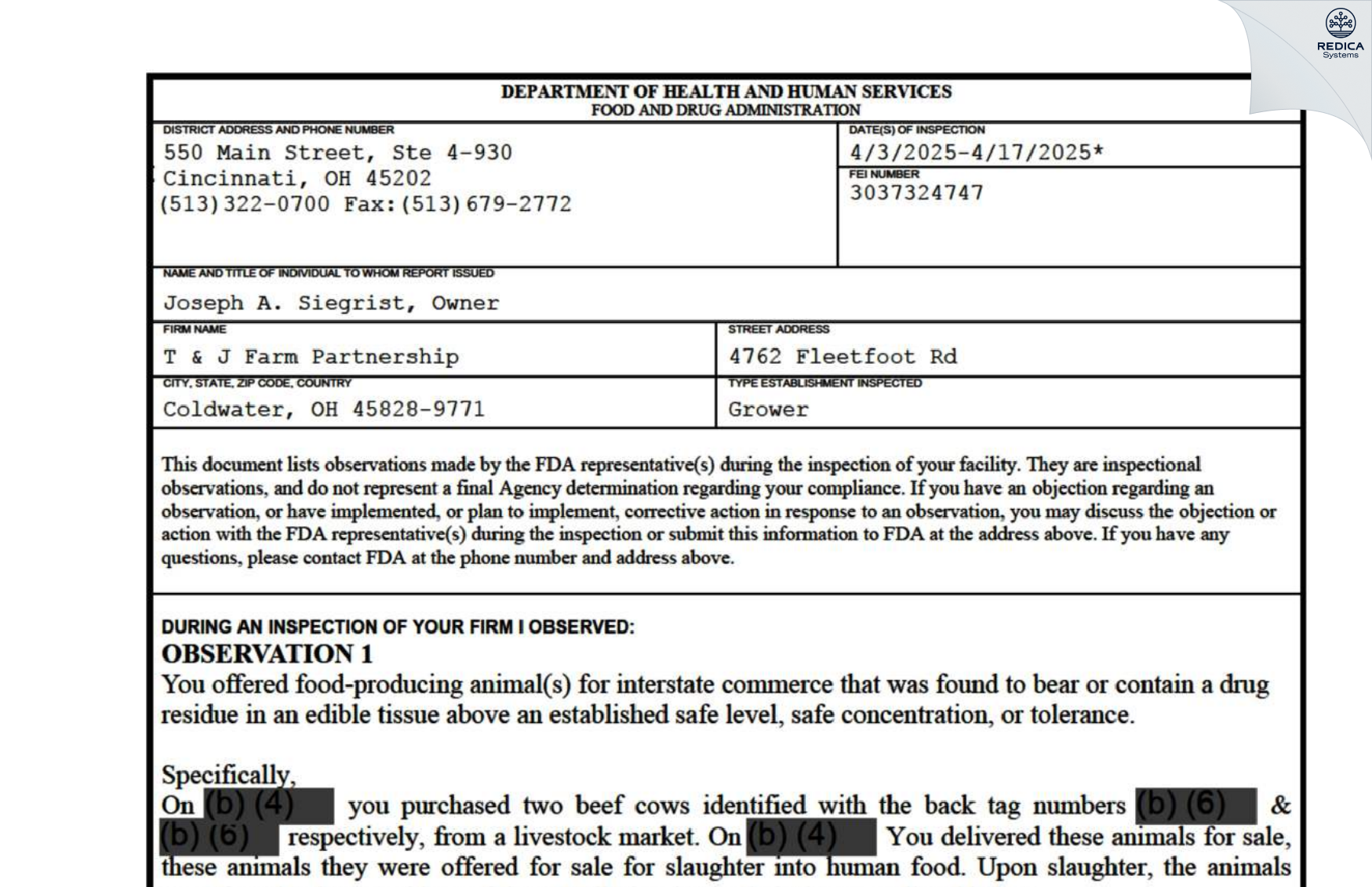 FDA 483 - T & J Farm Partnership [Coldwater / United States of America] - Download PDF - Redica Systems
