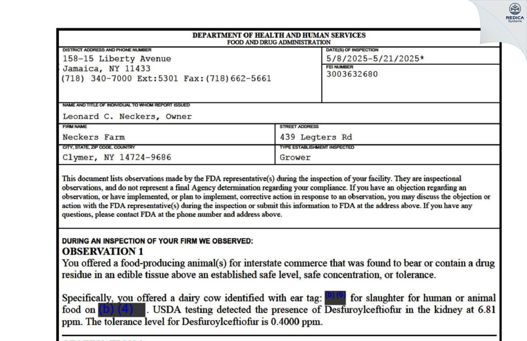 FDA 483 - Neckers Farm [Clymer / United States of America] - Download PDF - Redica Systems