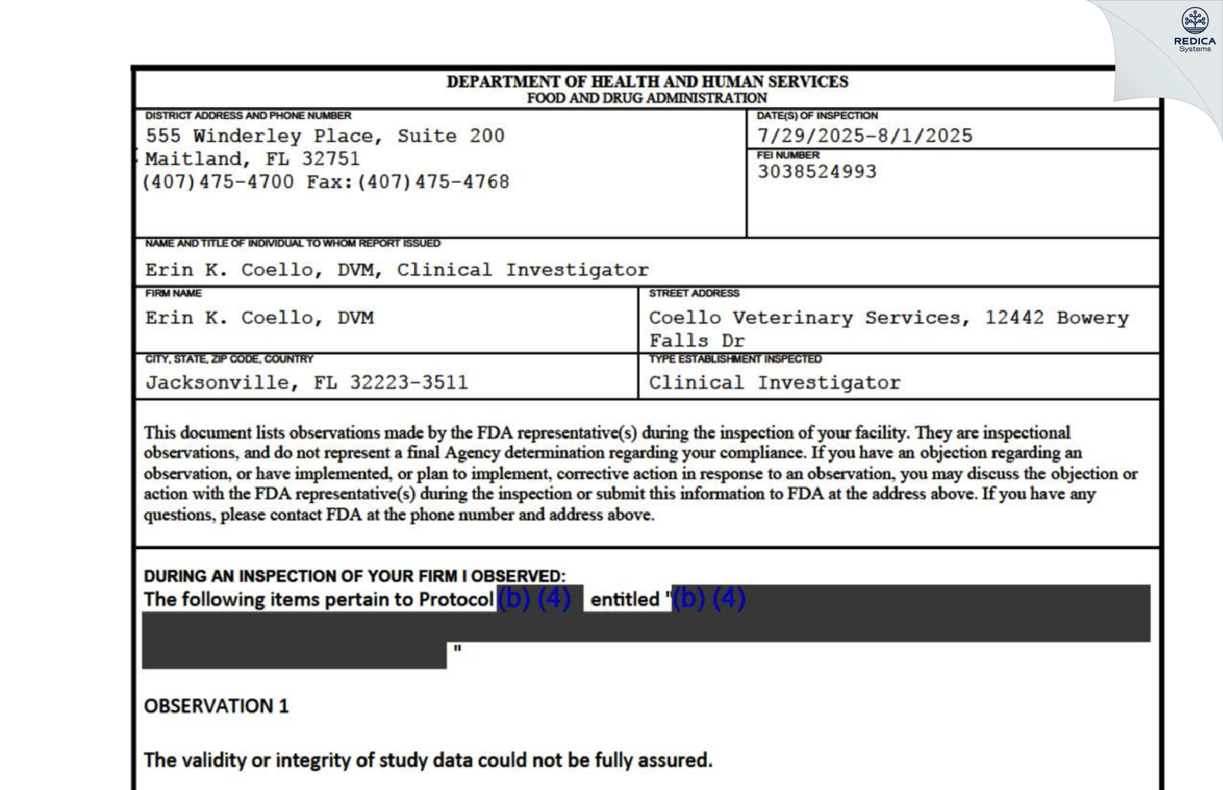 FDA 483 - Erin Coello Dvm [Jacksonville / United States of America] - Download PDF - Redica Systems