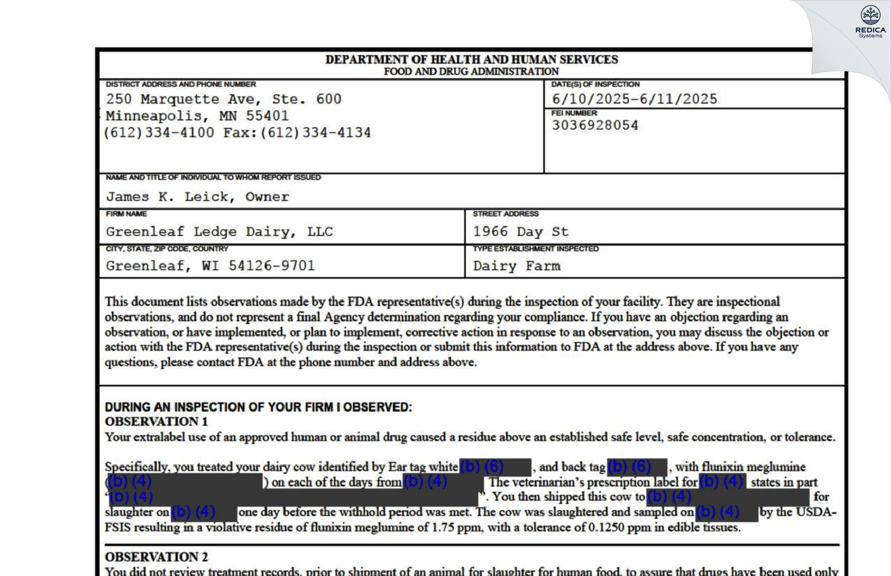 FDA 483 - Greenleaf Ledge Dairy, LLC [Greenleaf / United States of America] - Download PDF - Redica Systems