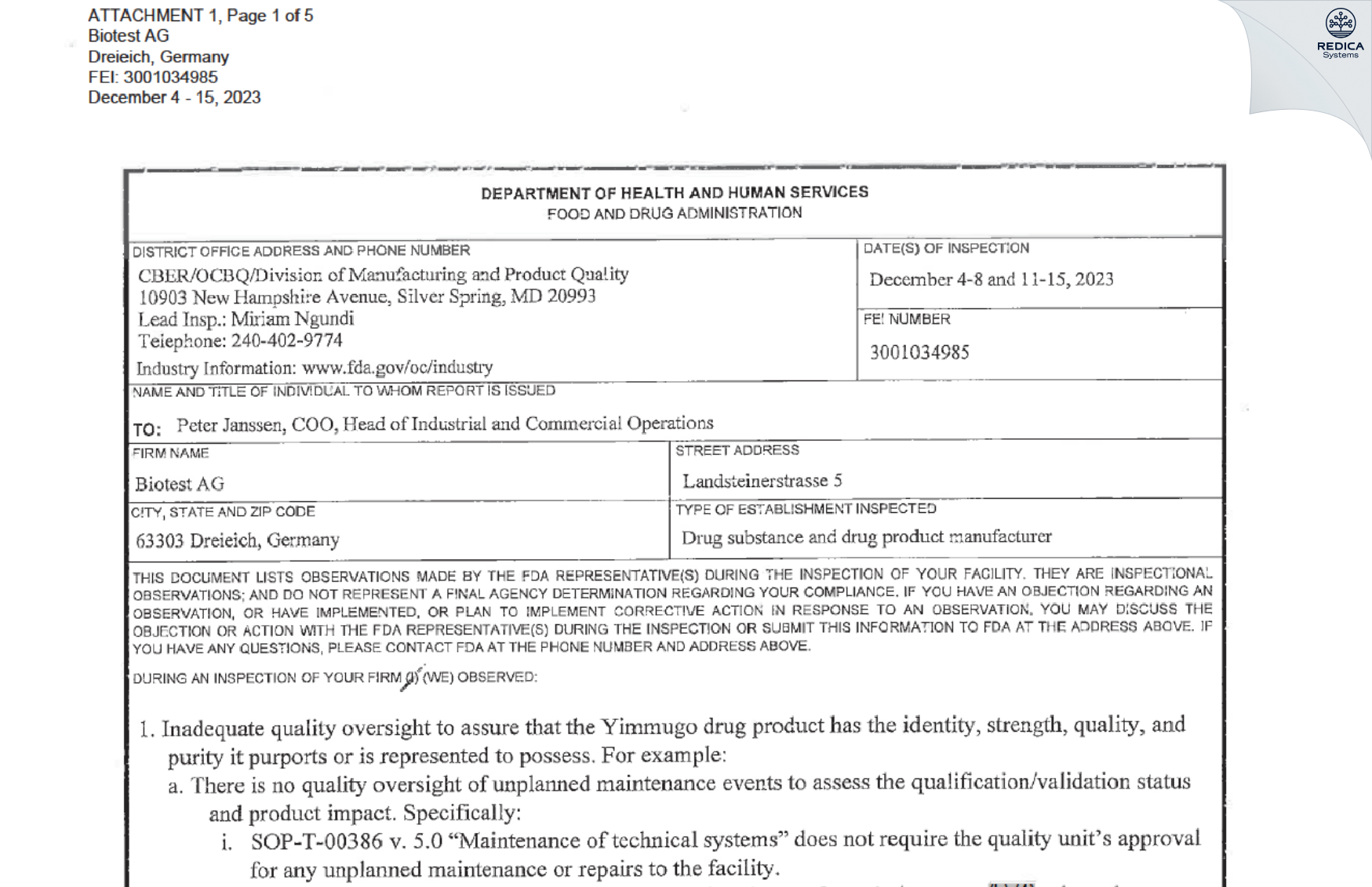 FDA 483 - Biotest AG [Dreieich / Germany] - Download PDF - Redica Systems