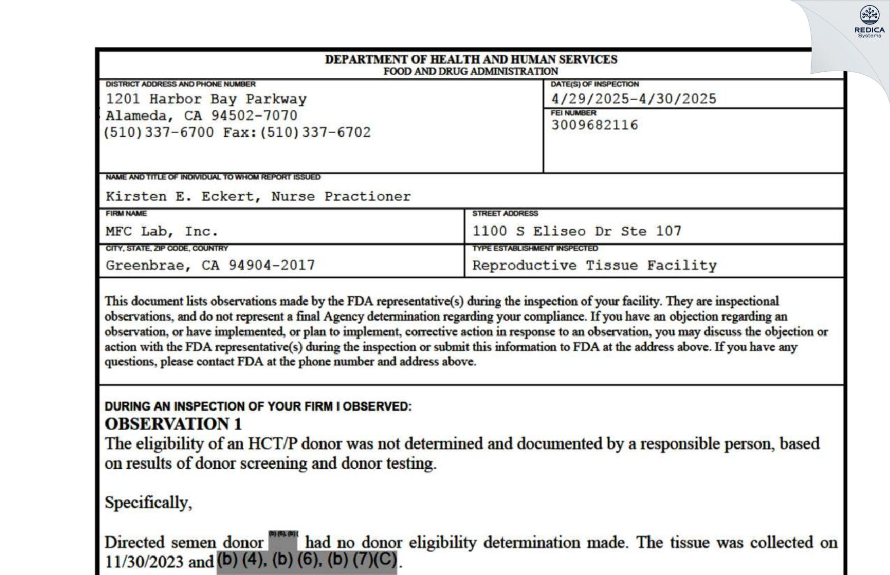 FDA 483 - MFC Lab, Inc. [Greenbrae / United States of America] - Download PDF - Redica Systems