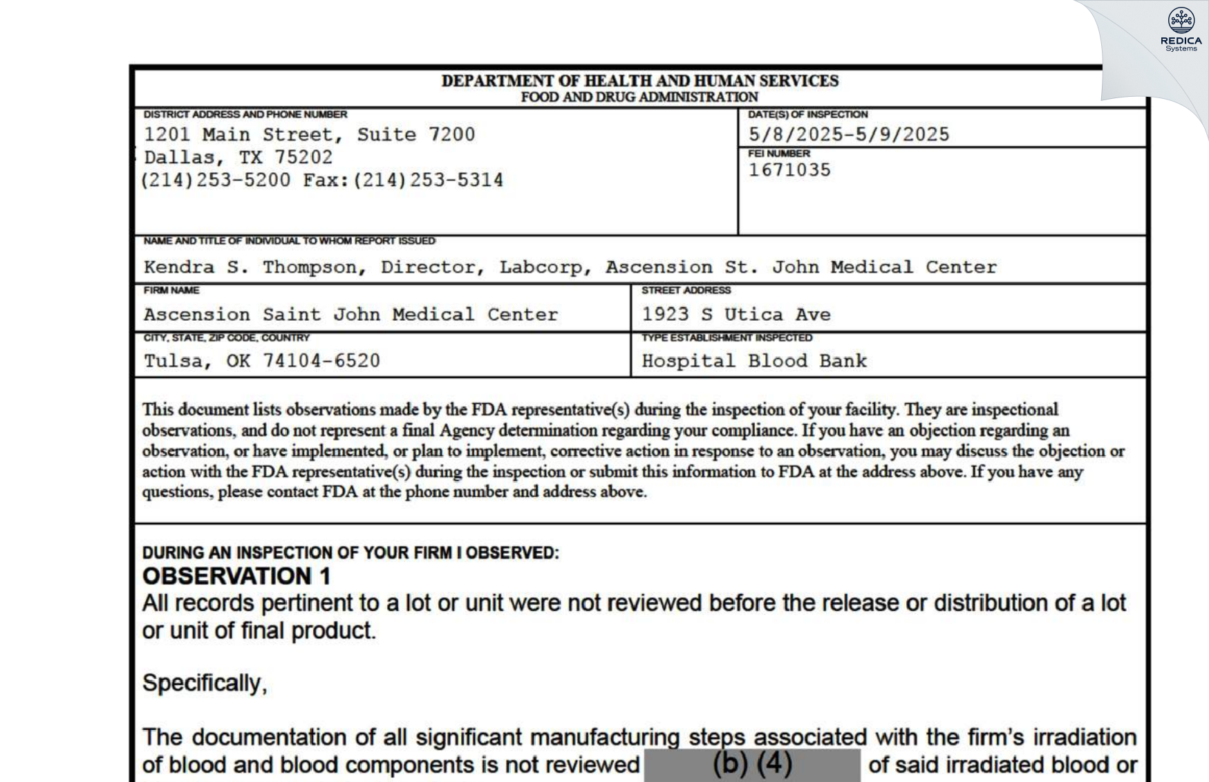 FDA 483 - Regional Medical Laboratory, Inc Blood Bank [Tulsa / United States of America] - Download PDF - Redica Systems