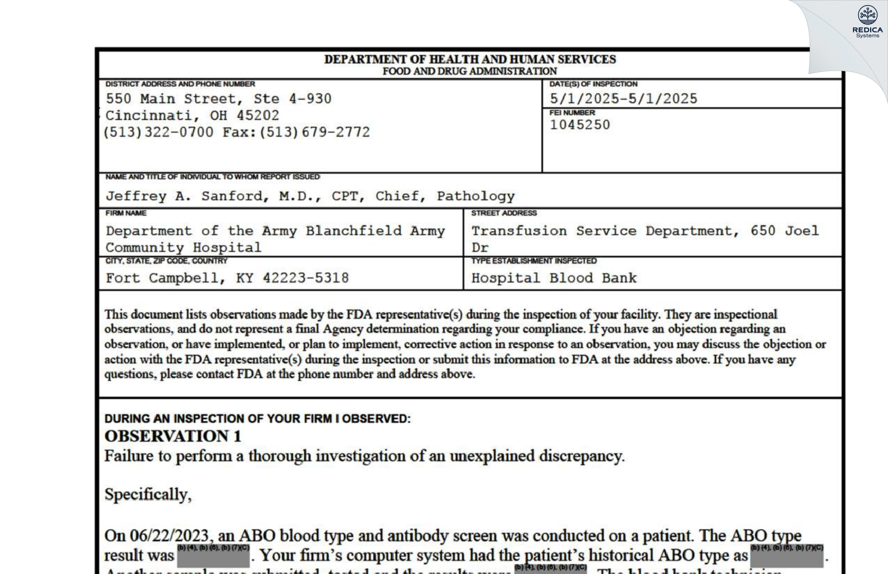 FDA 483 - Department of the Army Blanchfield Army Community Hospital [Fort Campbell / United States of America] - Download PDF - Redica Systems