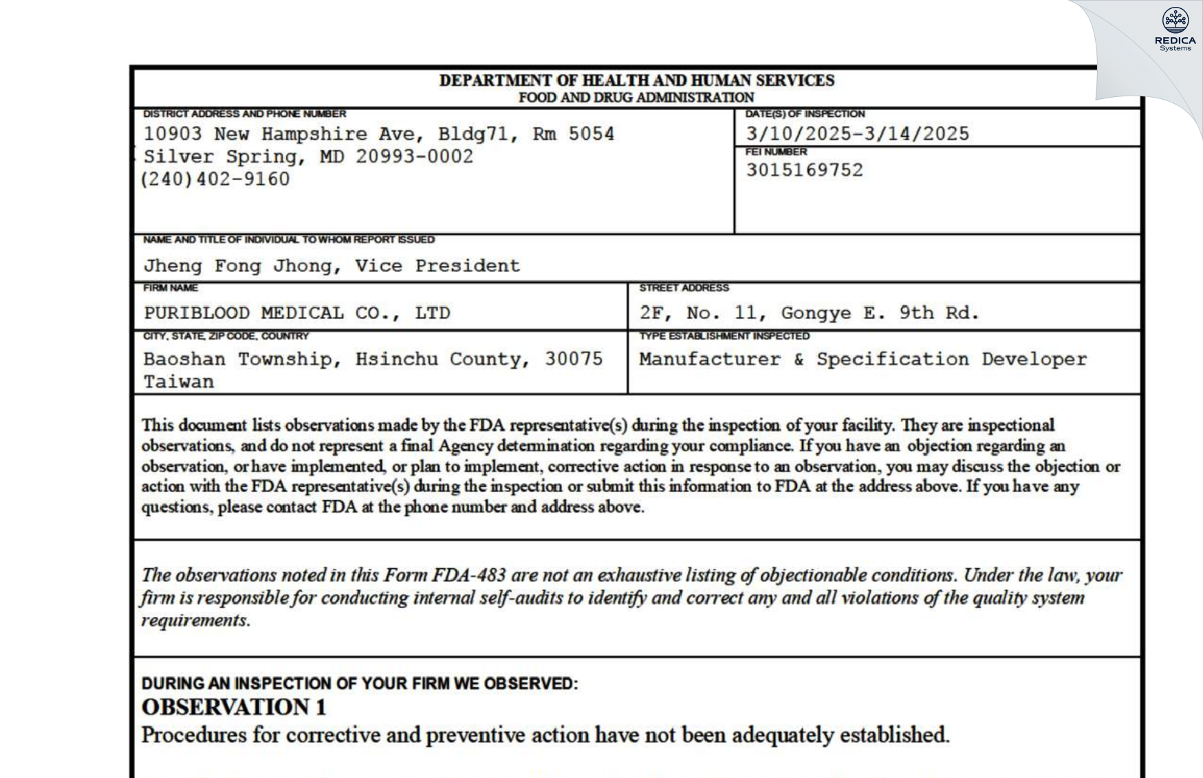 FDA 483 - PURIBLOOD MEDICAL CO., LTD. [Baoshan Township / Taiwan] - Download PDF - Redica Systems