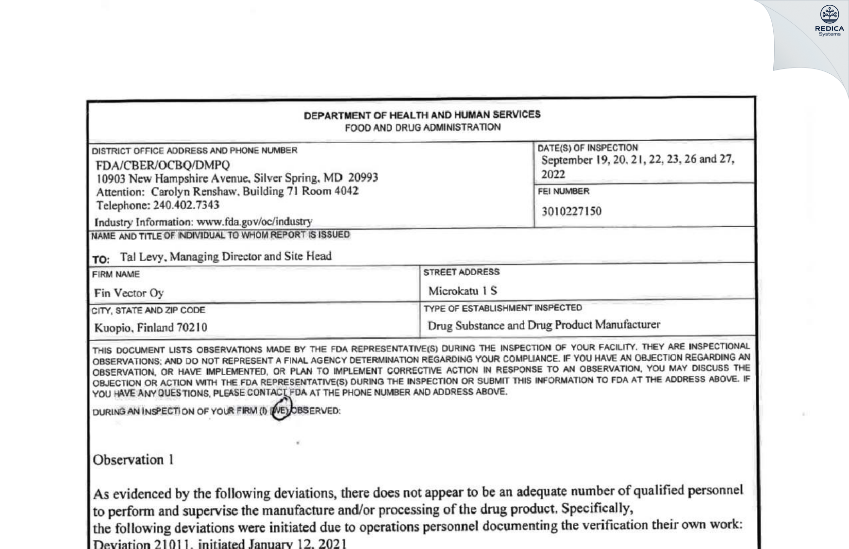 FDA 483 - FinVector Oy [Kuopio / Finland] - Download PDF - Redica Systems