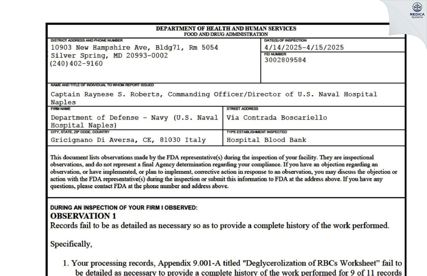 FDA 483 - U.S. Navy Medicine Readiness and Training Command Naples Italy [Gricignano Di Aversa / Italy] - Download PDF - Redica Systems