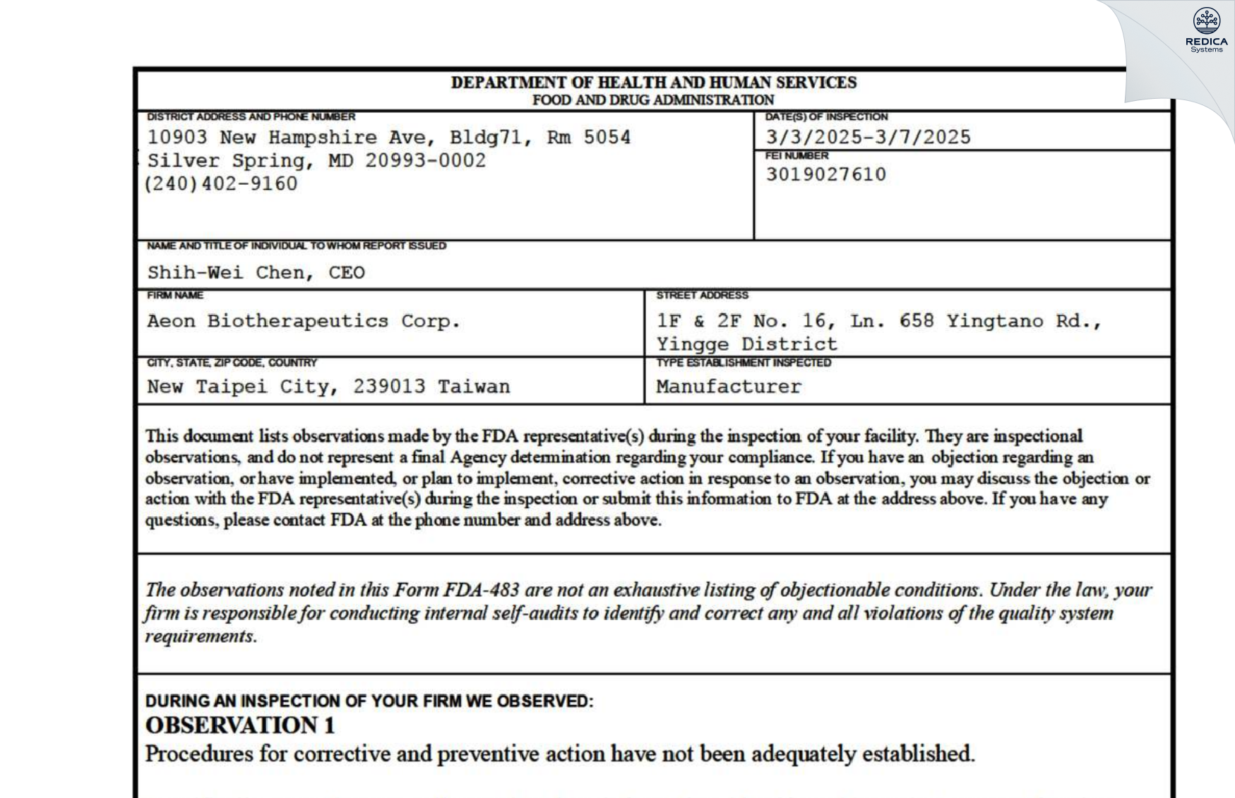 FDA 483 - AEON BIOTHERAPEUTICS CORP. [Yingge District / Taiwan] - Download PDF - Redica Systems