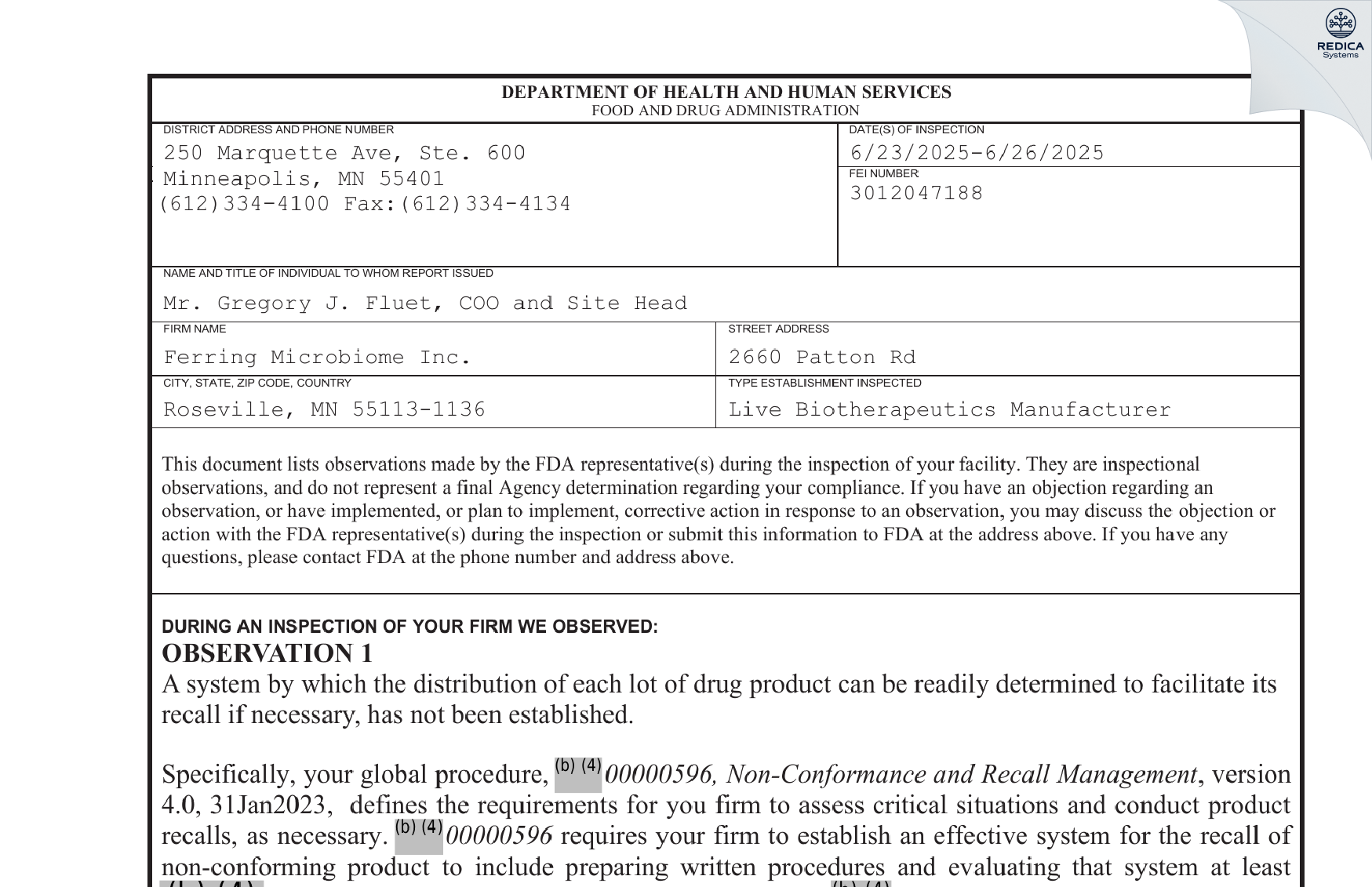FDA 483 - Rebiotix, Inc. [Saint Paul / United States of America] - Download PDF - Redica Systems