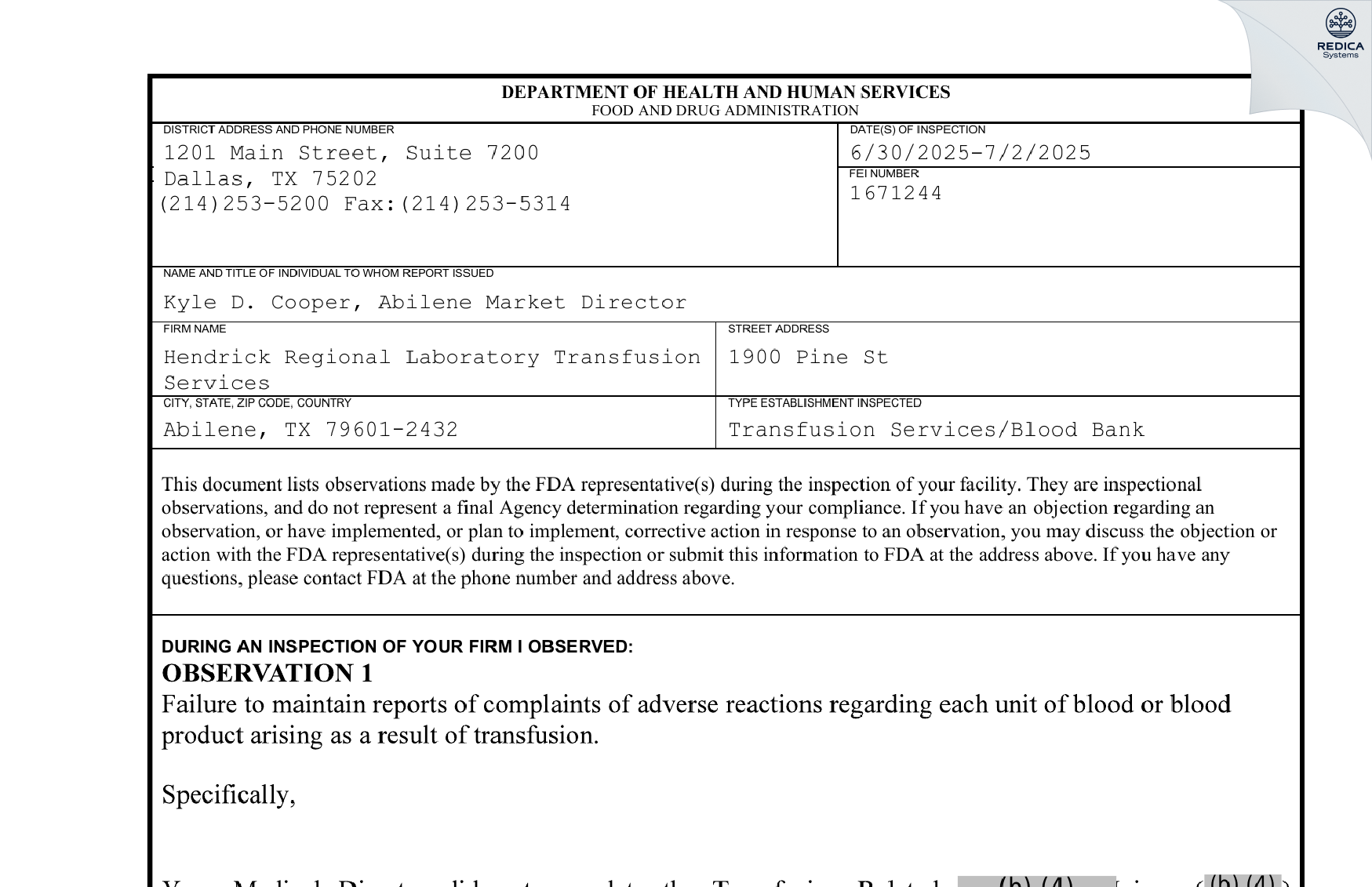 FDA 483 - Hendrick Regional Laboratory Transfusion Services [Abilene / United States of America] - Download PDF - Redica Systems