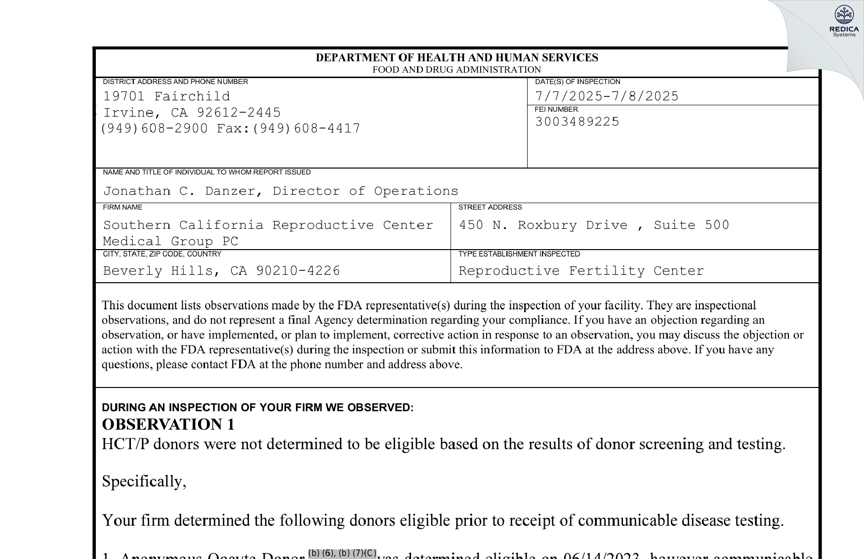 FDA 483 - Southern California Reproductive Center Medical Group PC [Beverly Hills / United States of America] - Download PDF - Redica Systems