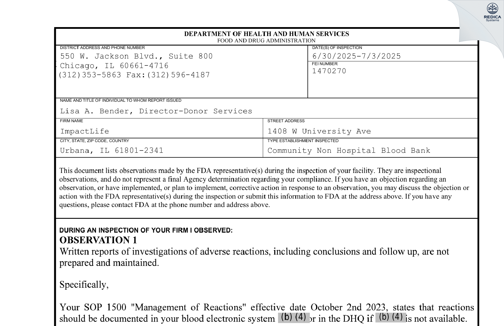 FDA 483 - Mississippi Valley Regional Blood Center [Urbana / United States of America] - Download PDF - Redica Systems